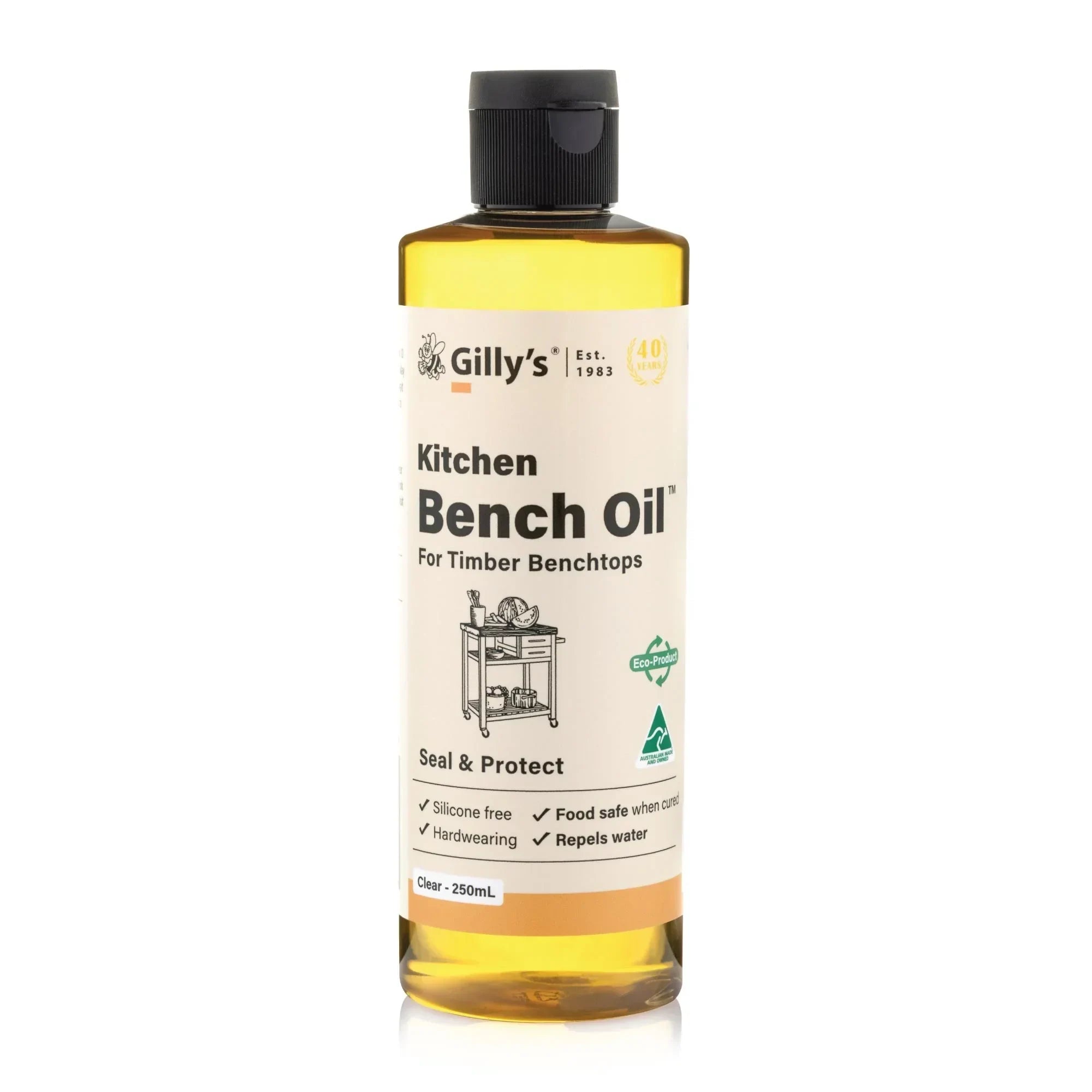 Gilly's Kitchen Bench Oil bottle for timber benchtops, 250mL, clear, food safe finish