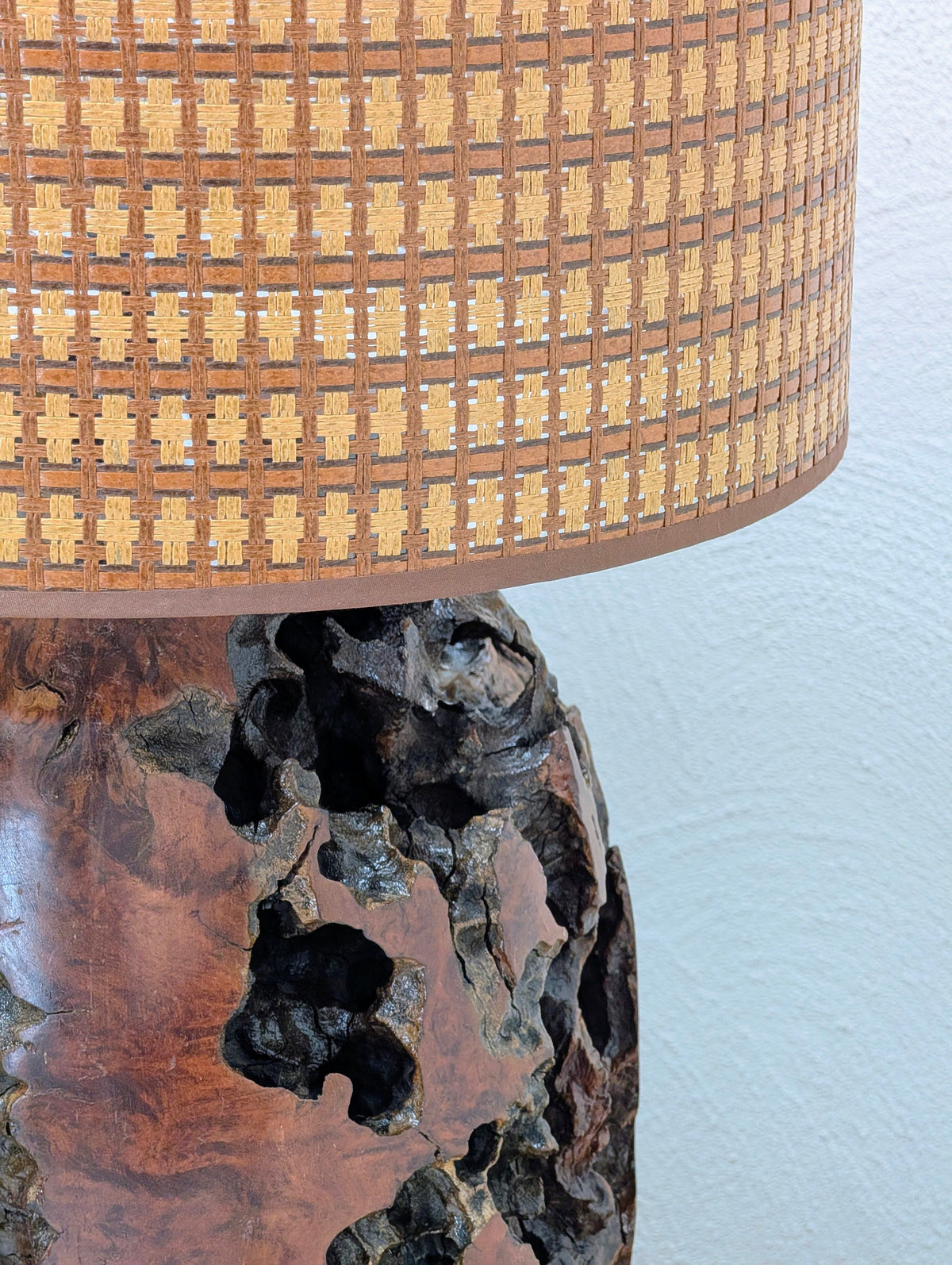 Handmade Burl Wood Table Lamp with Hand Woven Shade, Vintage
