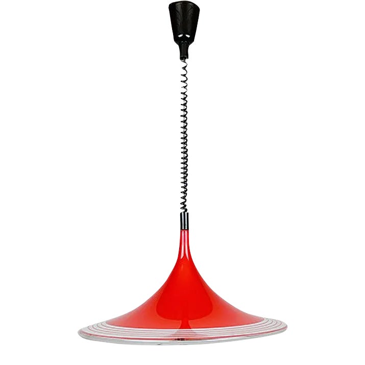 Mid-century modern red and chrome pendant light with coiled black cord, stylish vintage lighting fixture