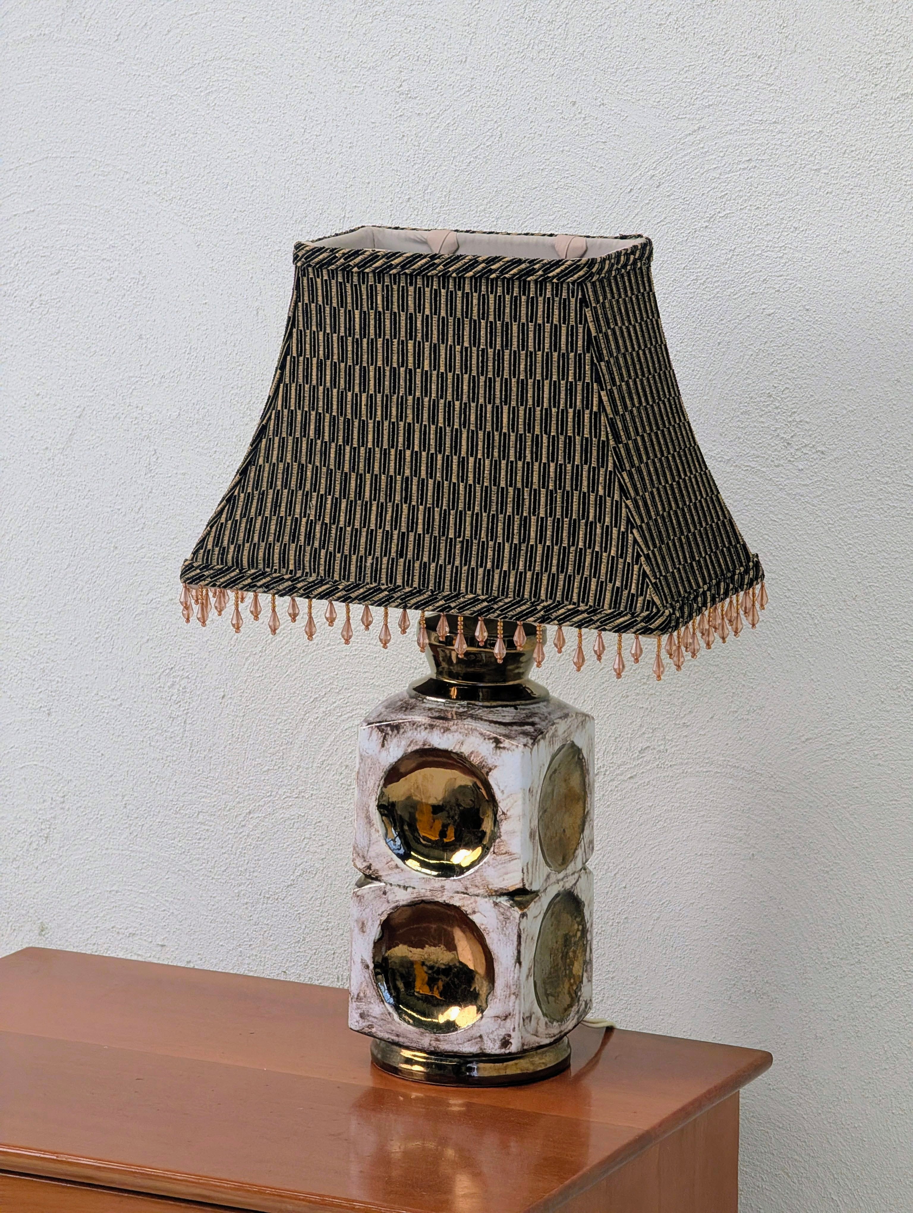 Vintage 1970s Ellis Pottery Ceramic Lamp with Original Beaded Shade