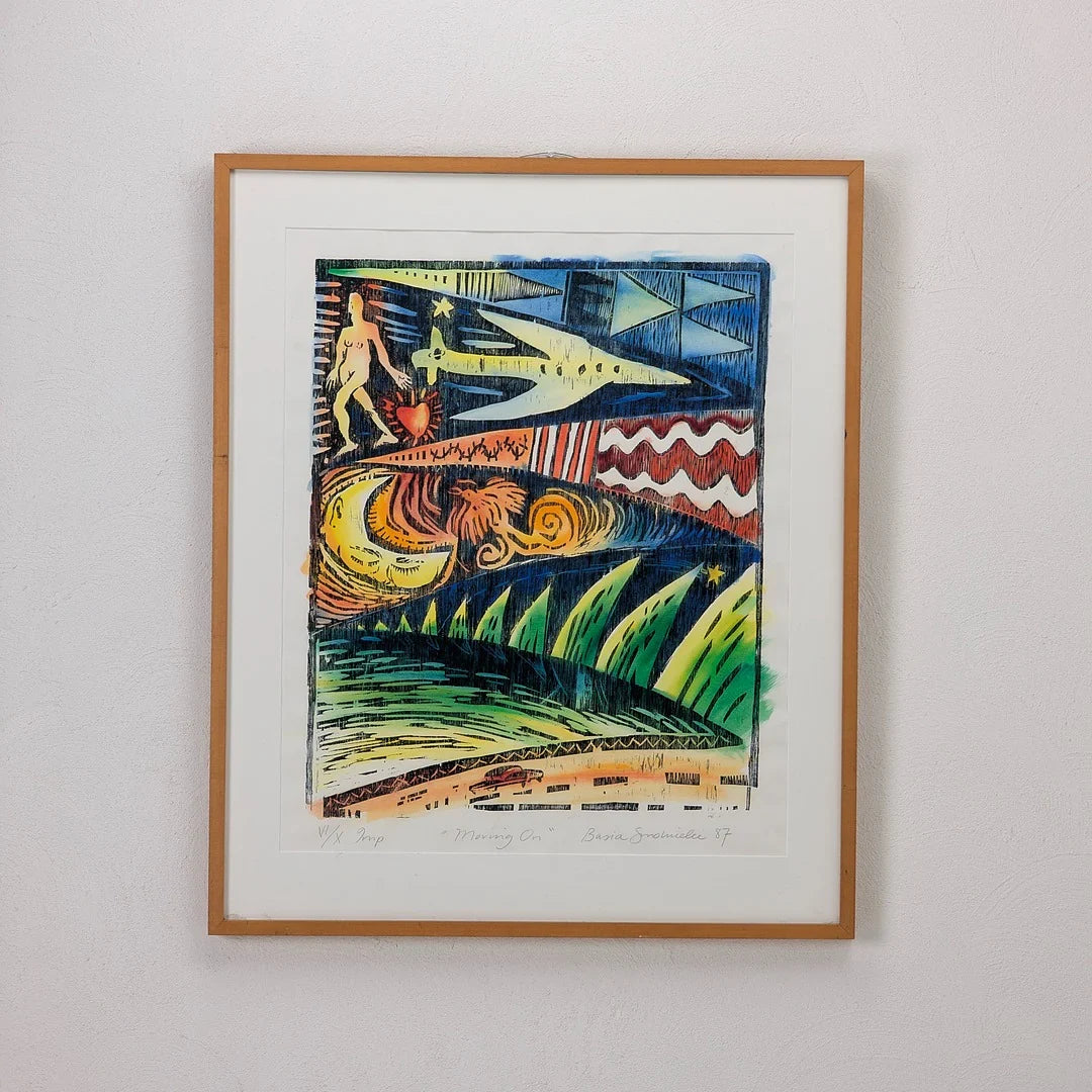 Colorful abstract framed painting with a figure, stars, and wavy patterns on a white wall