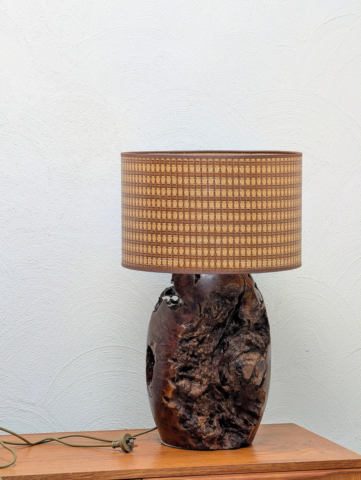 Handmade Burl Wood Table Lamp with Hand Woven Shade, Vintage