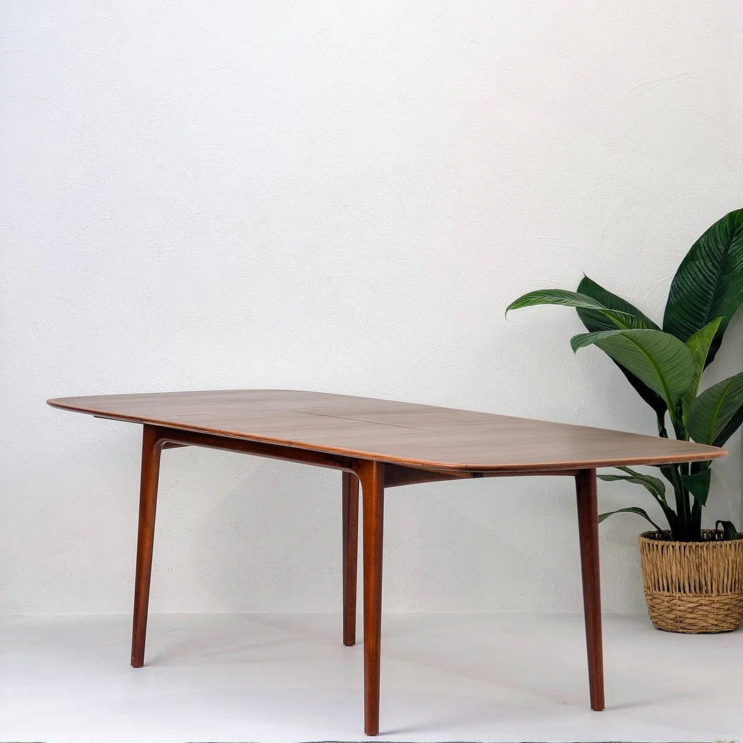 Mid-century modern wooden dining table with plant in wicker basket against white wall