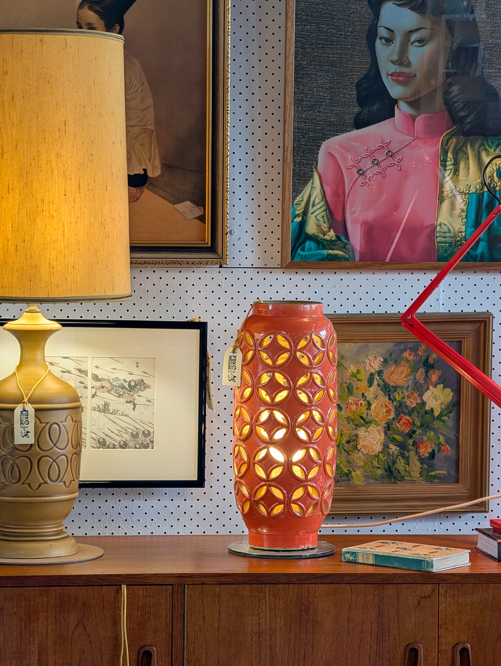 Geometric Glazed Ceramic Column Lamp in Retro Orange Glazed Terracotta