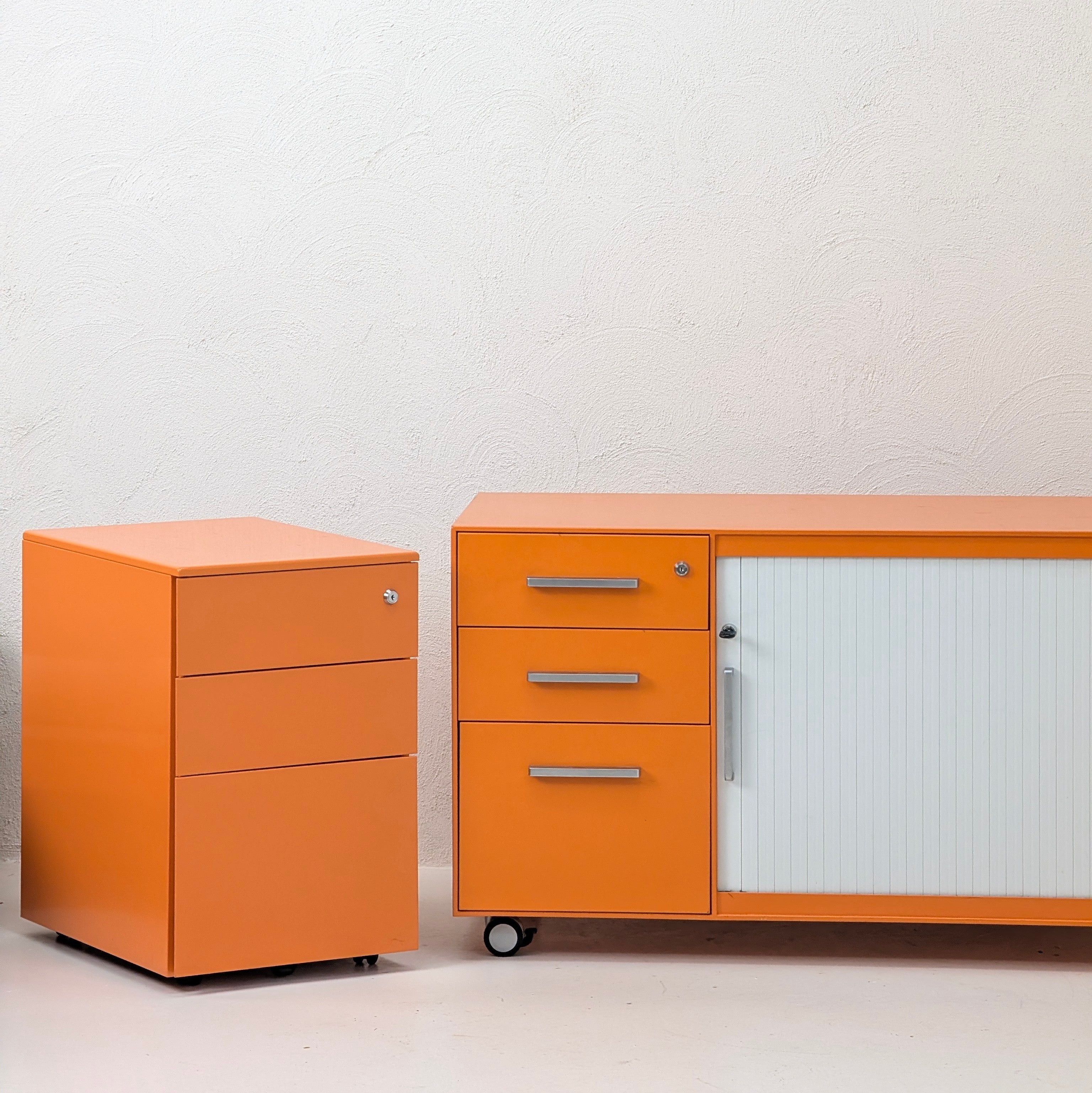 Industrial Mobile Caddy | Orange Steel Tambour Cabinet | Australian Made