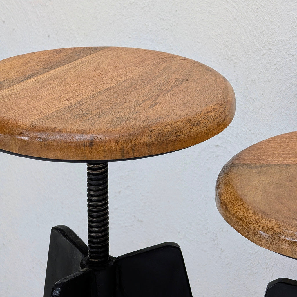Industrial Adjustable Tripod Stools in Solid Oak and Steel