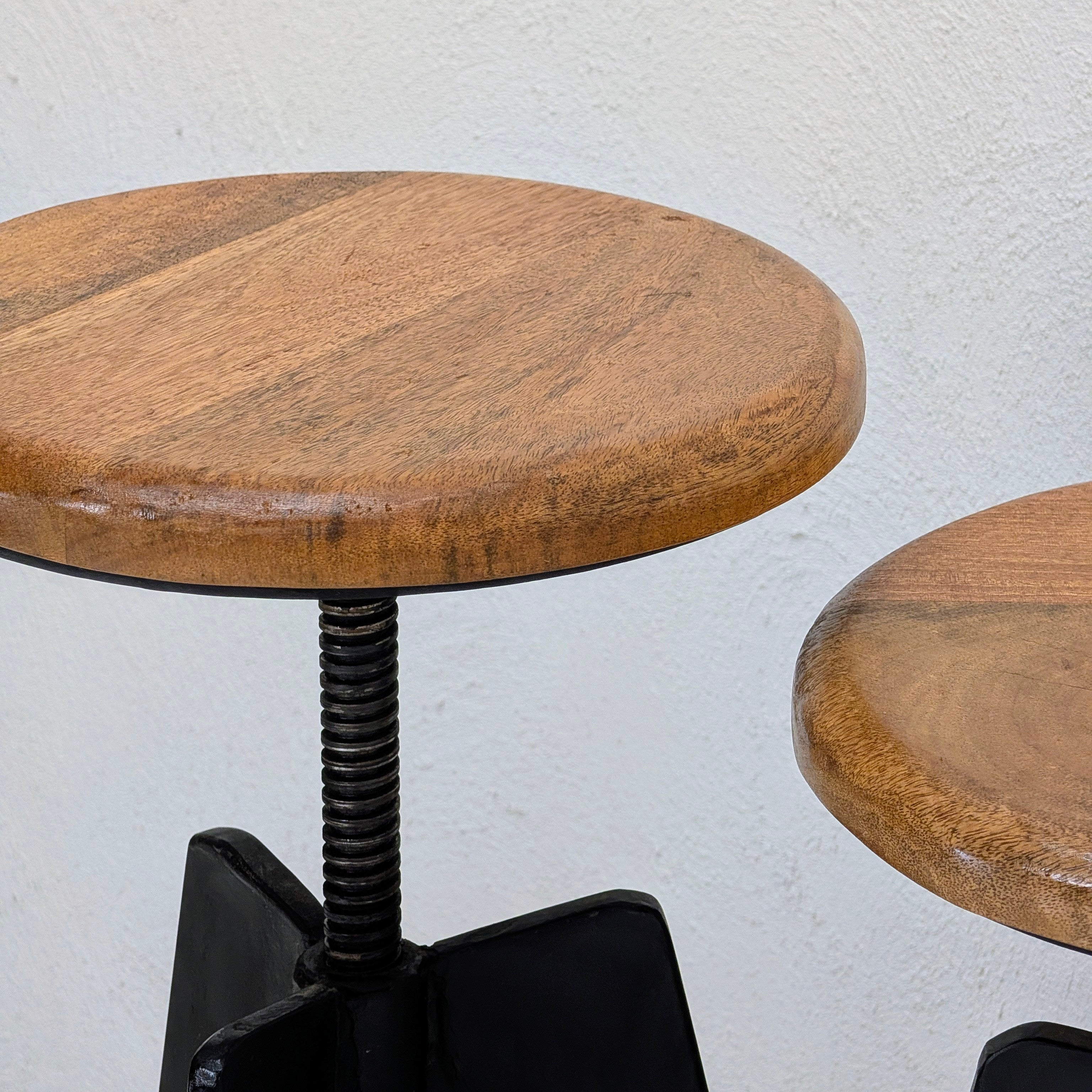 Industrial Adjustable Tripod Stools in Solid Oak and Steel