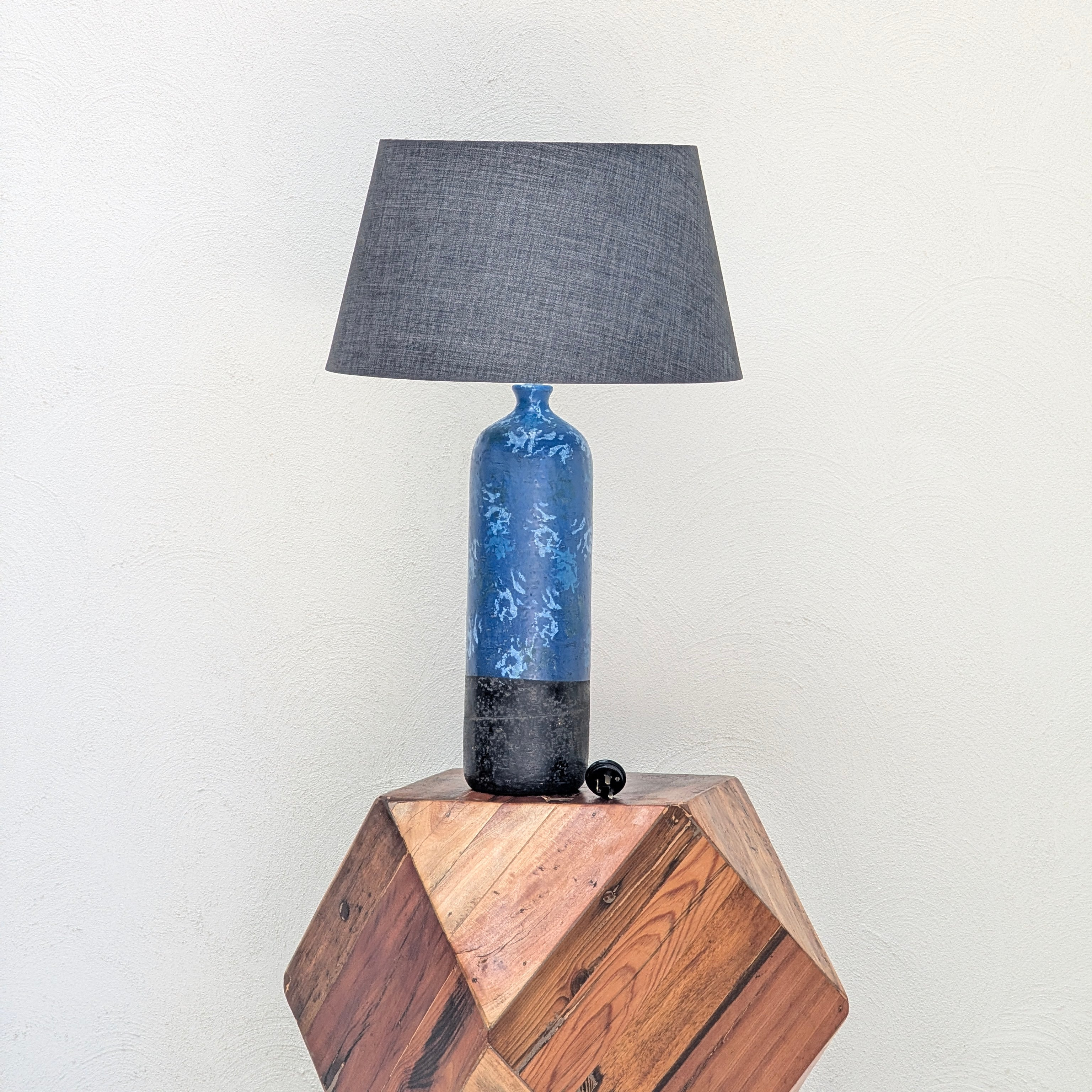 Vintage 1970s Brutalist Cylinder Lamp – Heavy Gauge Steel & Original Blue Glaze