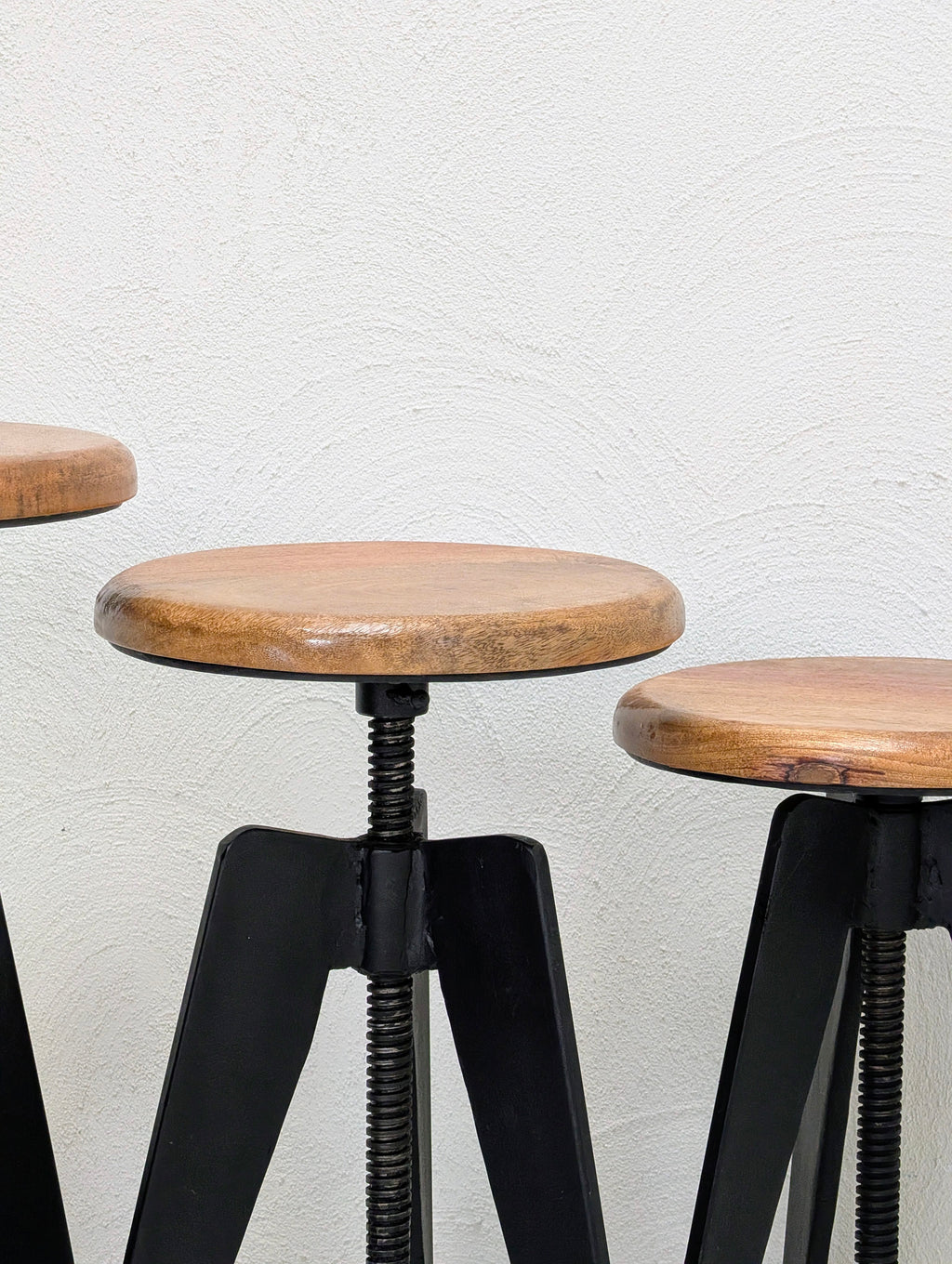 Industrial Adjustable Tripod Stools in Solid Oak and Steel