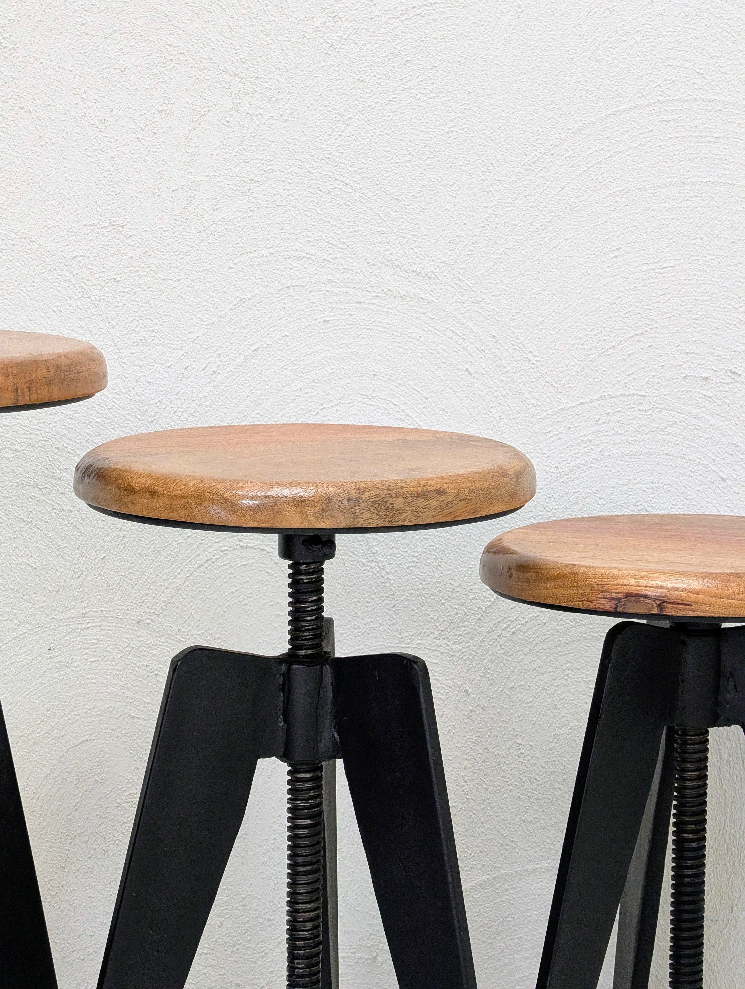 Industrial Adjustable Tripod Stools in Solid Oak and Steel