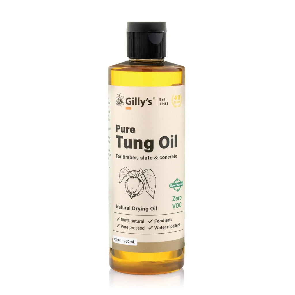 Gilly's Pure Tung Oil bottle for timber, slate, and concrete, 250mL, natural drying oil