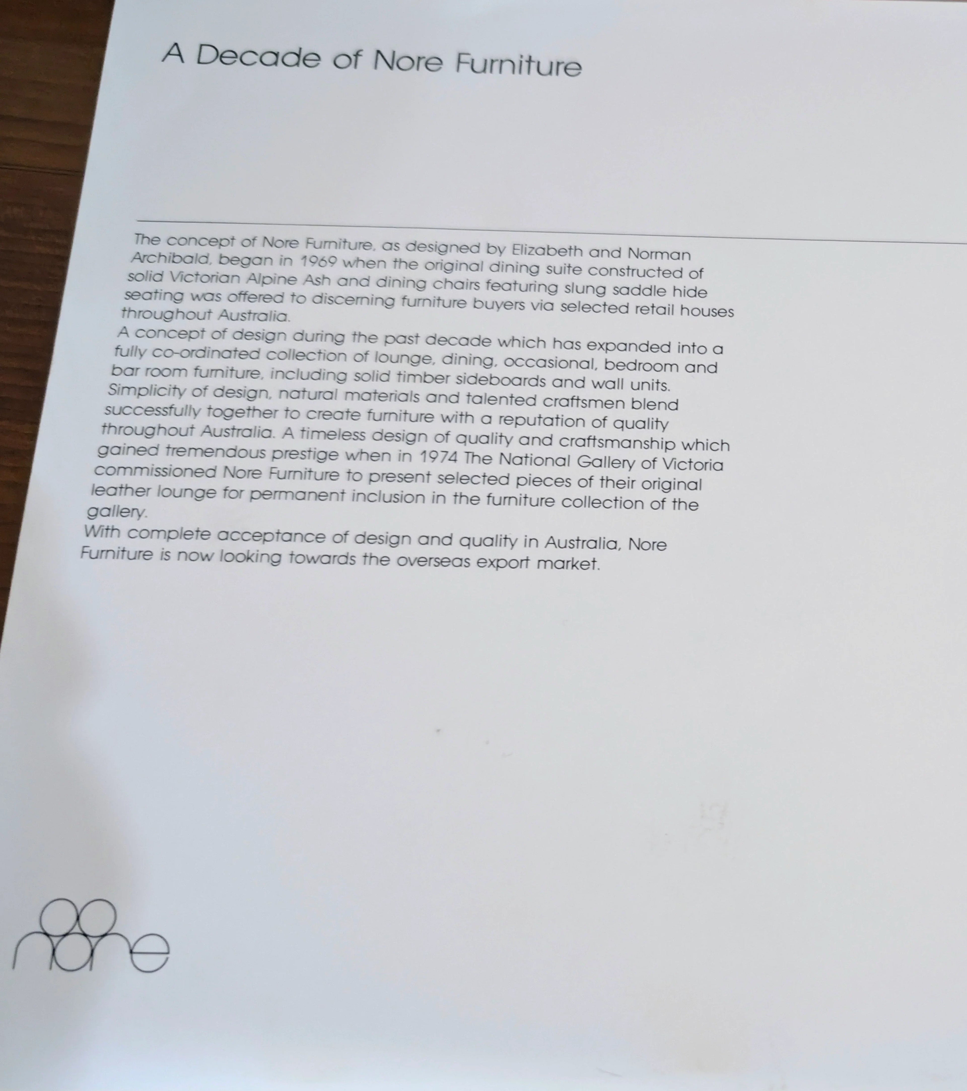 Brochure page titled 'A Decade of Nore Furniture' detailing Nore Furniture history and achievements.
