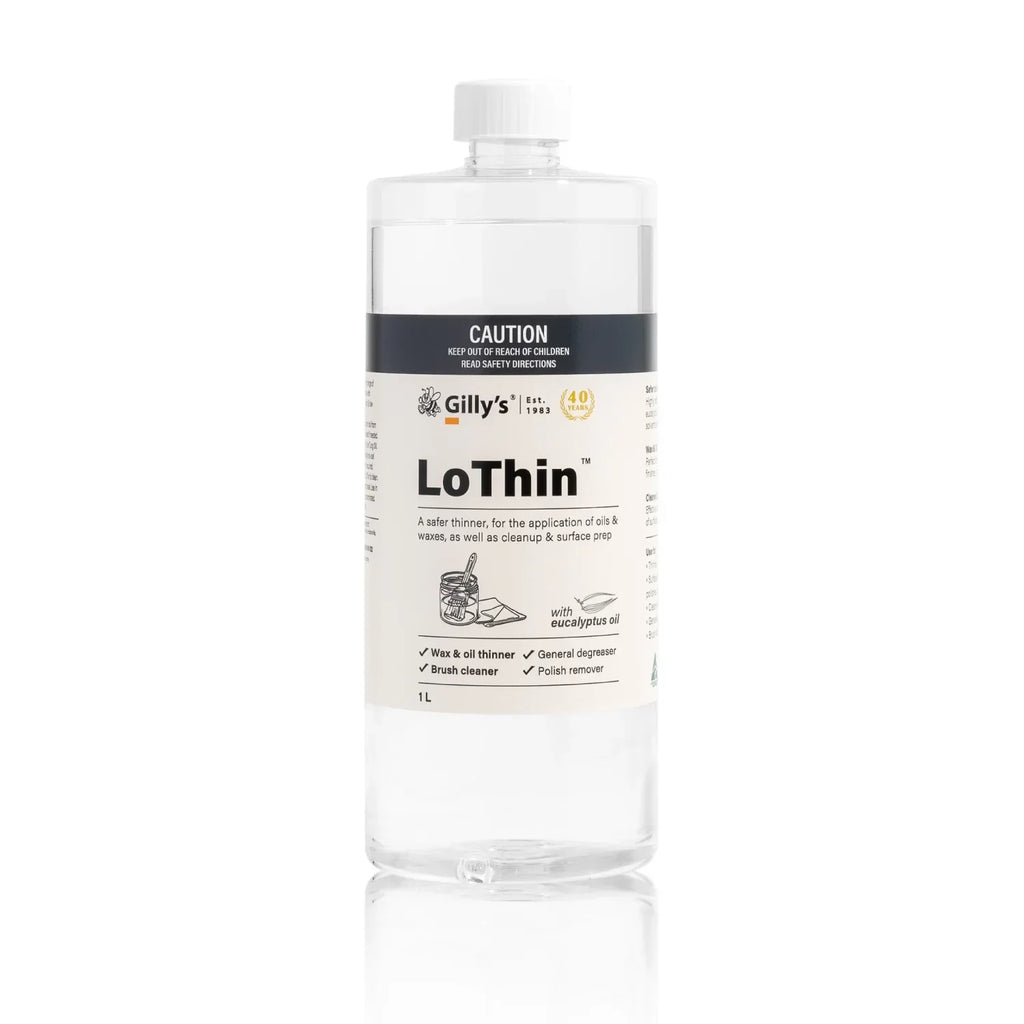 Gilly's LoThin clear 1L bottle, oil and wax thinner with eucalyptus oil, on white background