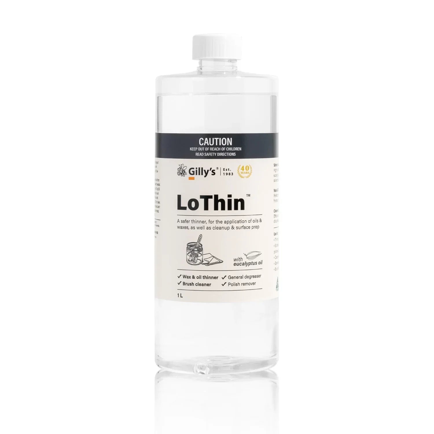 Gilly's LoThin clear 1L bottle, oil and wax thinner with eucalyptus oil, on white background