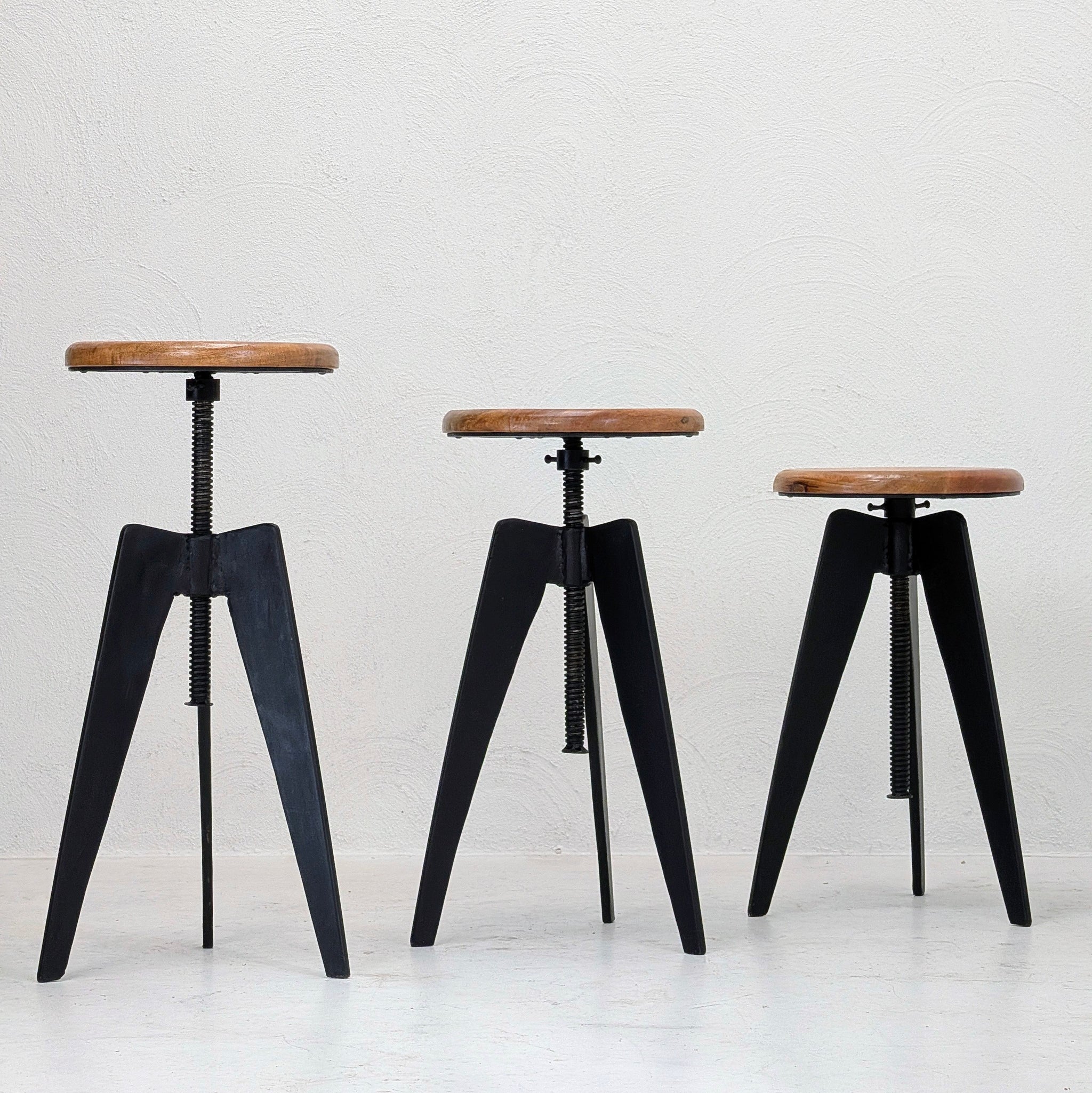 Industrial Adjustable Tripod Stools in Solid Oak and Steel