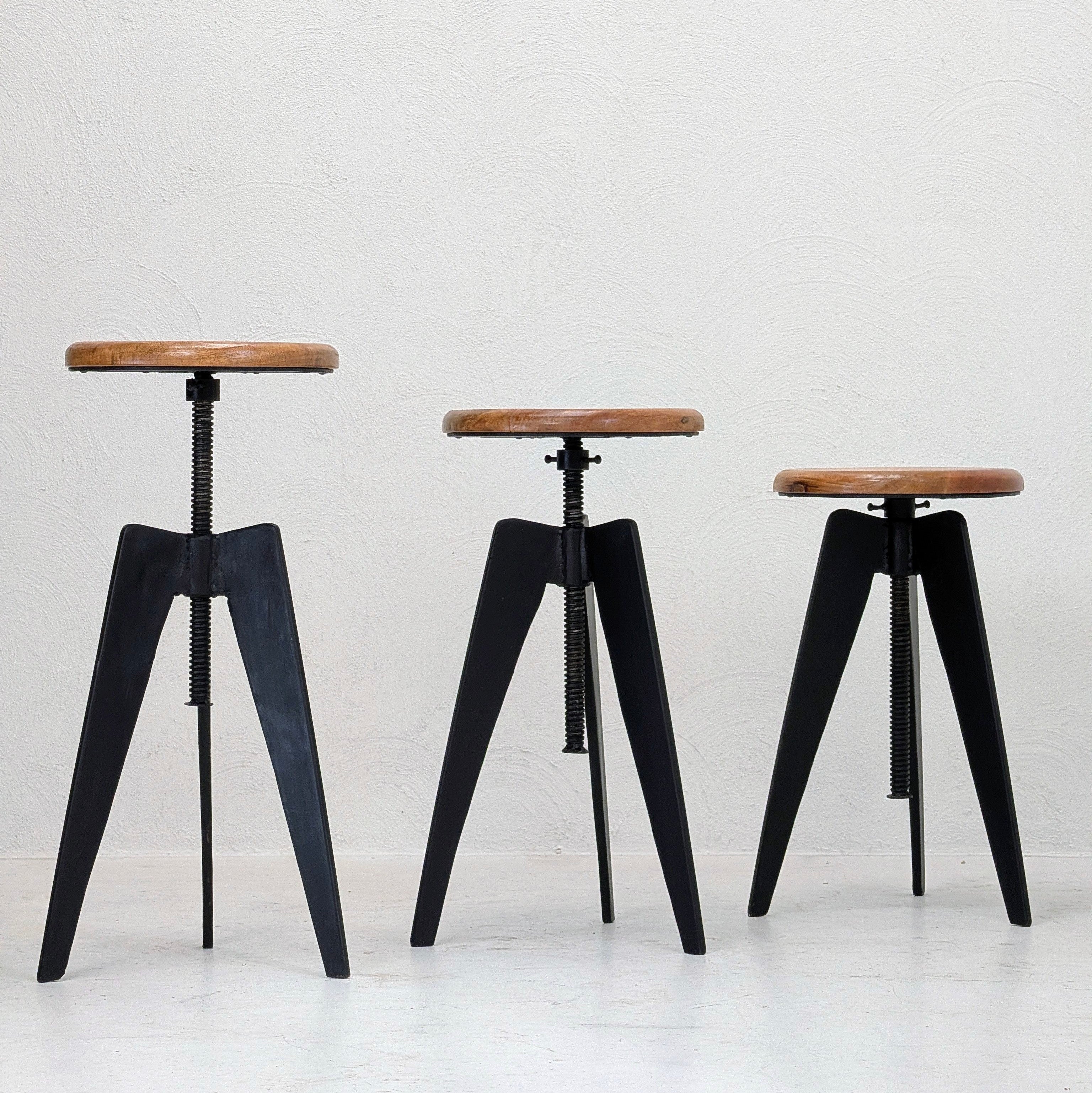 Industrial Adjustable Tripod Stools in Solid Oak and Steel
