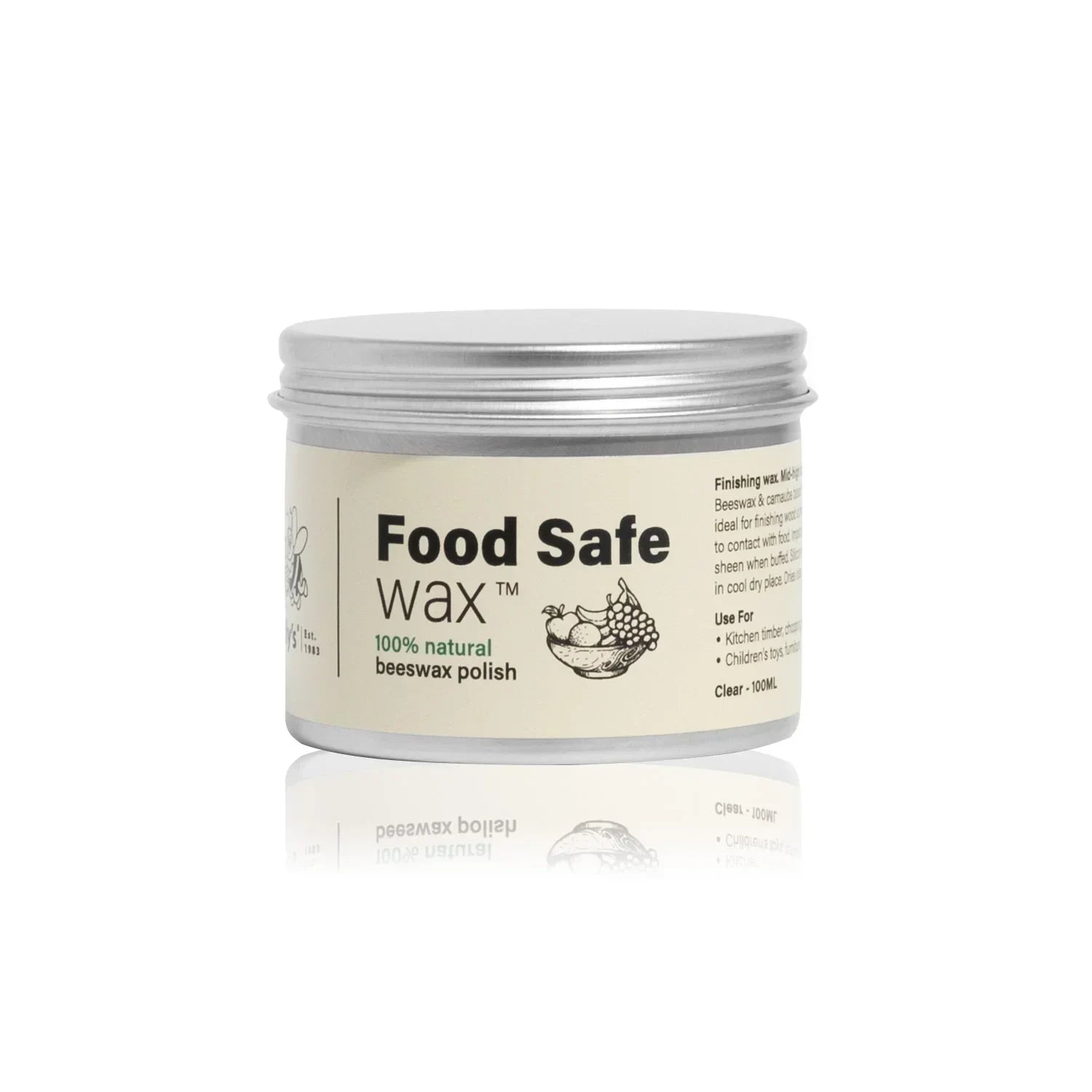 Food safe wax tin, 100% natural beeswax polish, silver container on white background