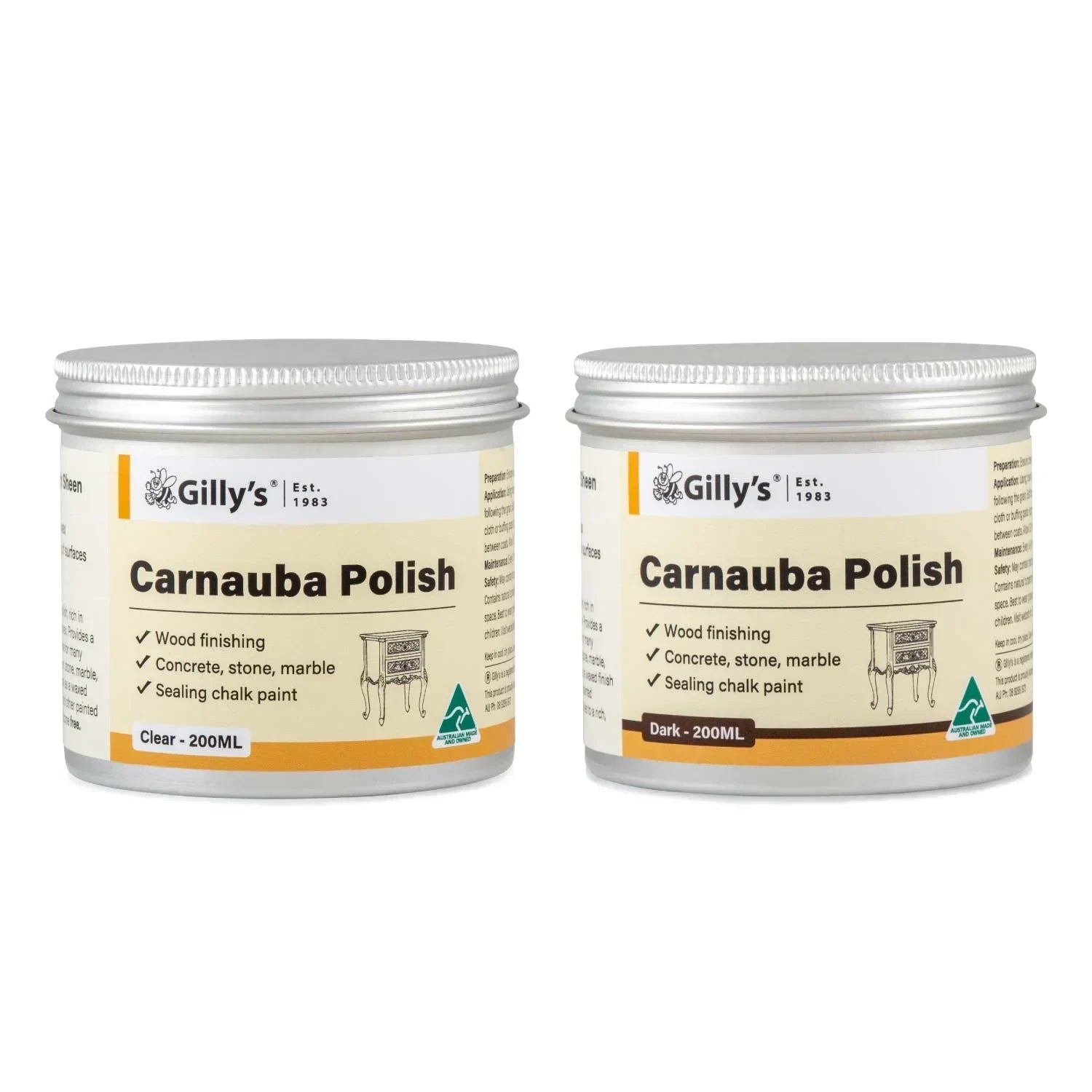 Gilly's Carnauba Polish clear and dark 200ml tins for wood finishing and sealing