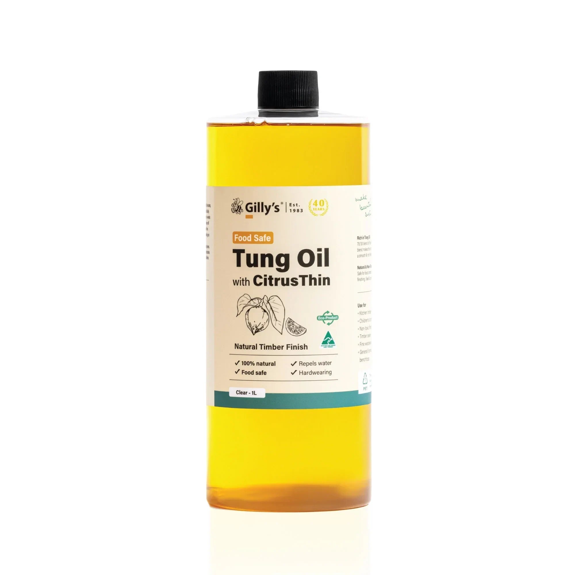 Gilly's food safe tung oil with CitrusThin 1L bottle, natural timber finish, yellow liquid