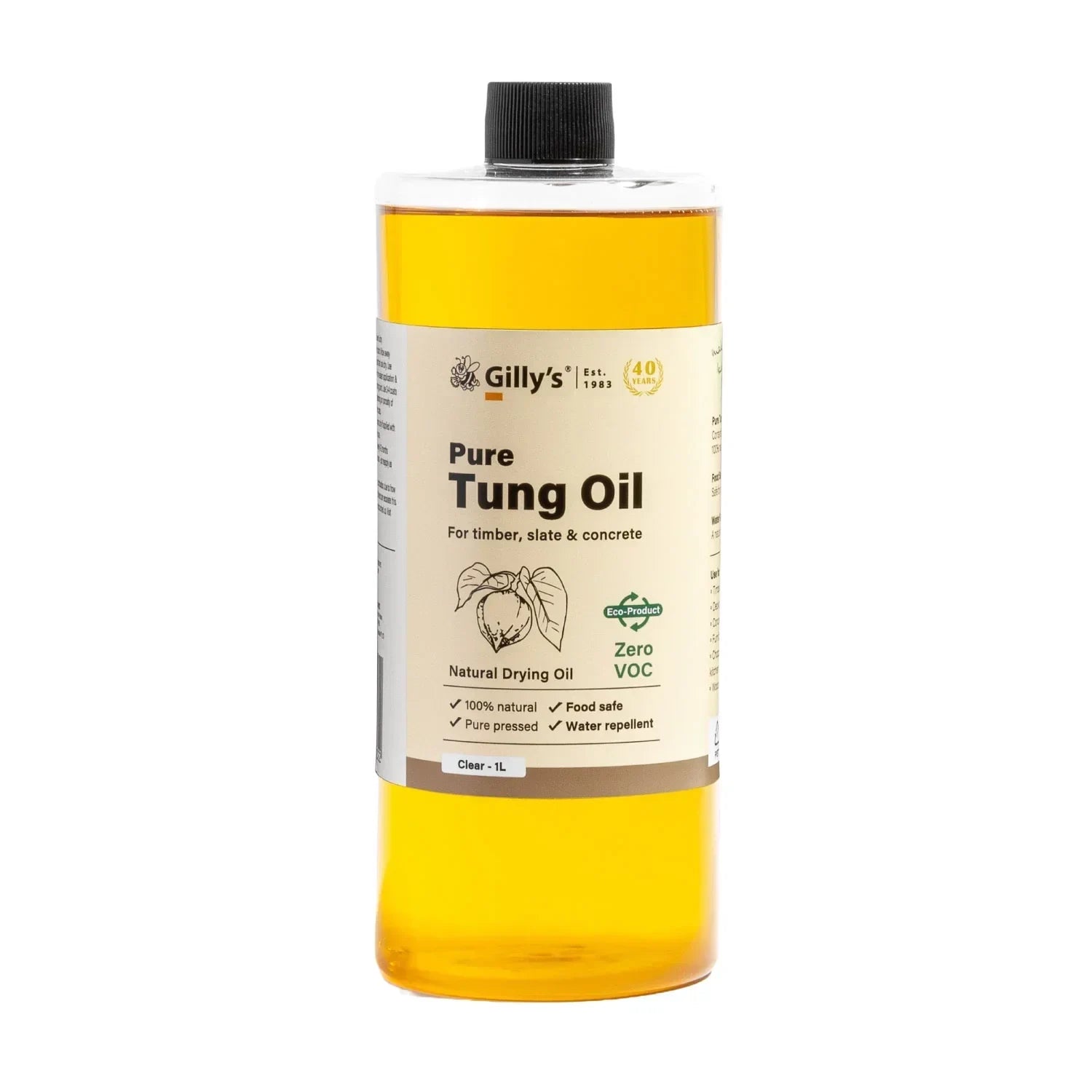 Gilly's Pure Tung Oil 1L bottle for timber, slate, concrete, zero VOC, natural drying oil.