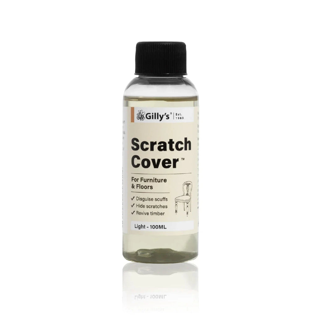 Gilly's Scratch Cover bottle for furniture and floors, 100ml, with black cap on white background