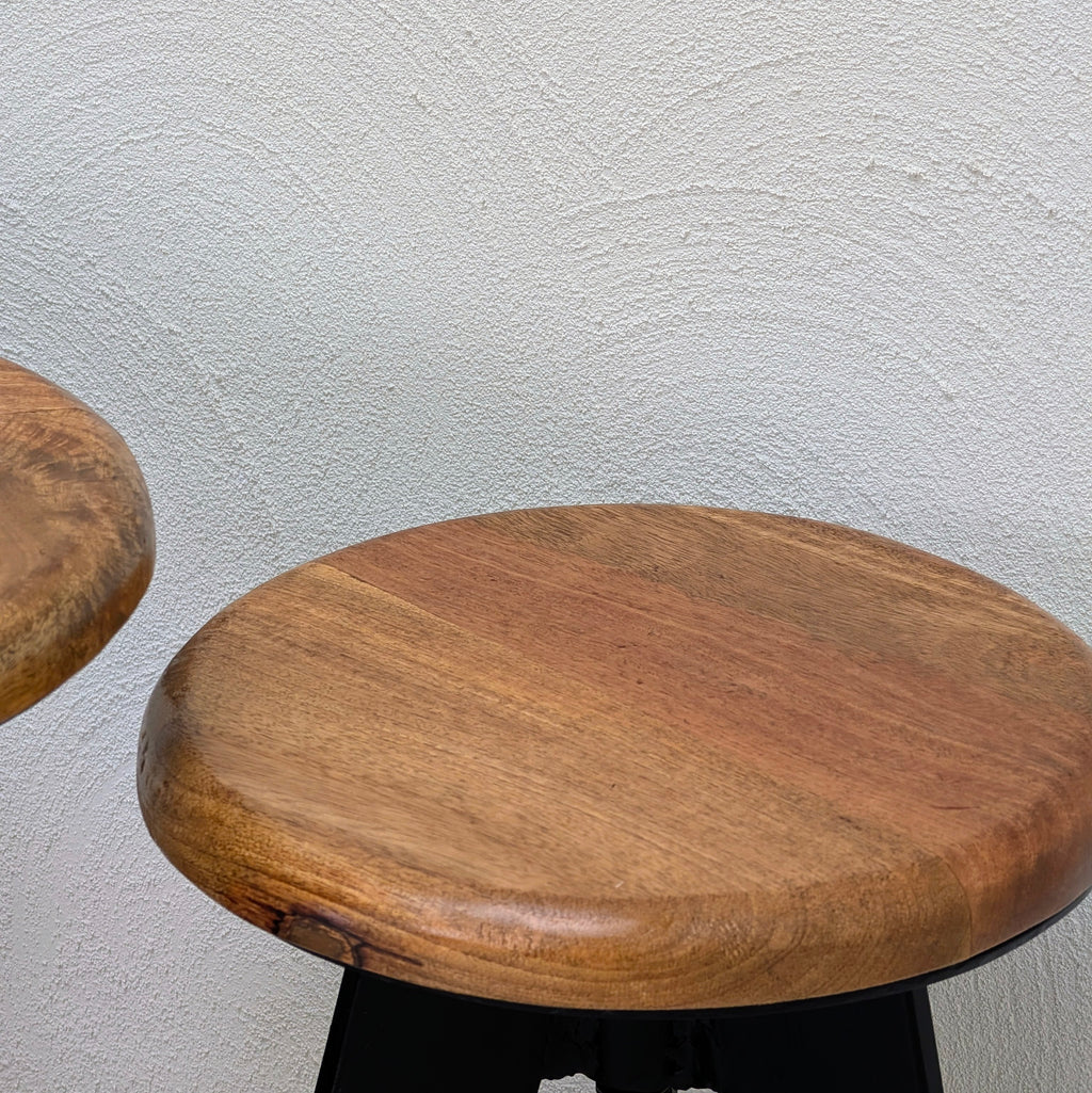 Industrial Adjustable Tripod Stools in Solid Oak and Steel