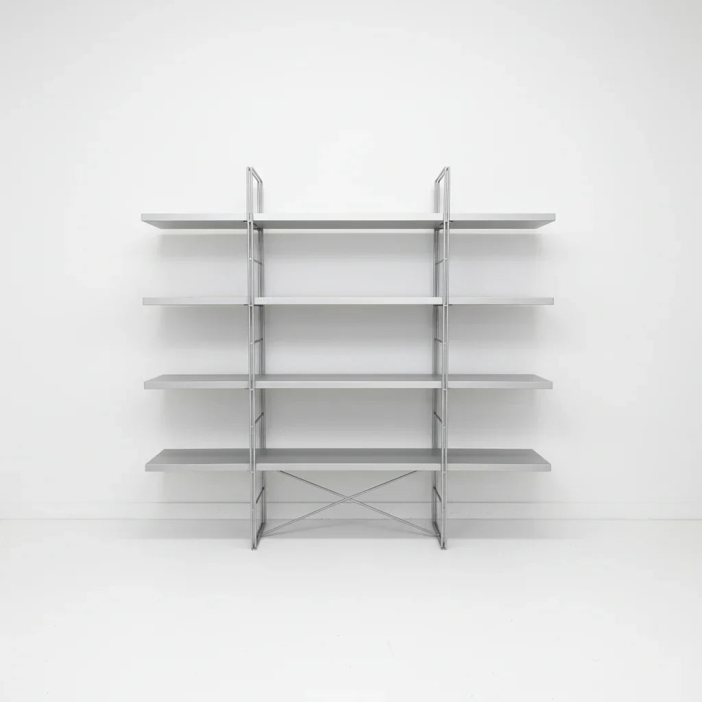 Minimalist modern gray metal and wood shelving unit against white wall