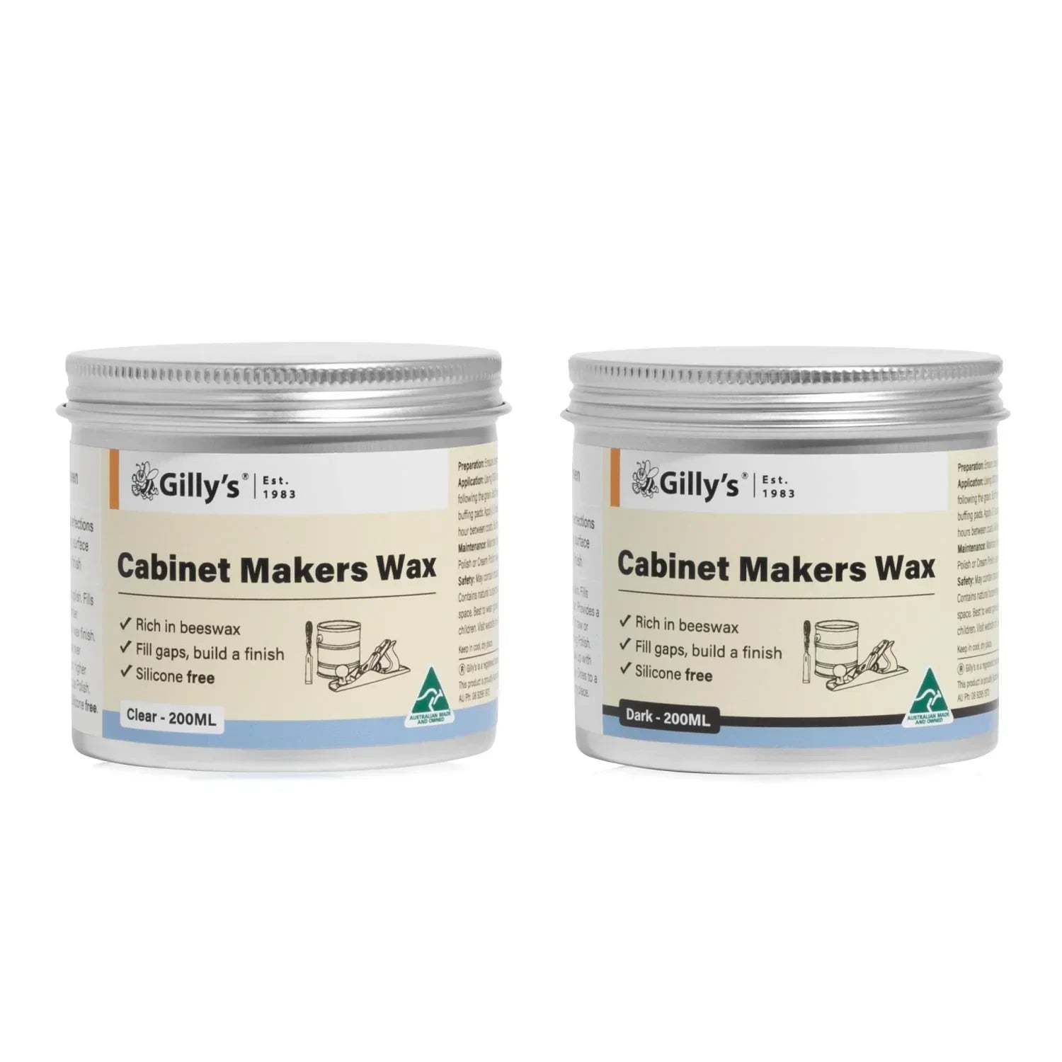 Two Gilly's Cabinet Makers Wax jars, clear and dark 200ml, for wood finishing