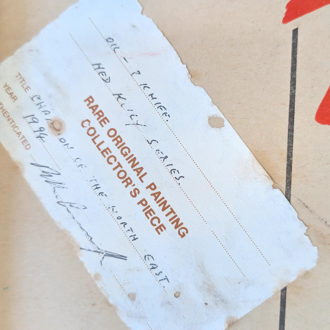 Vintage label on paper reads 'Rare Original Painting Collector's Piece', handwritten notes visible.