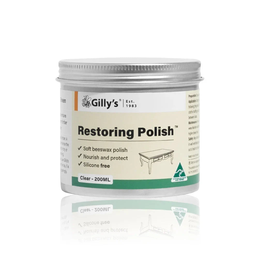 Gilly’s Restoring Polish 200ml tin, soft beeswax furniture polish, silicone free, clear finish