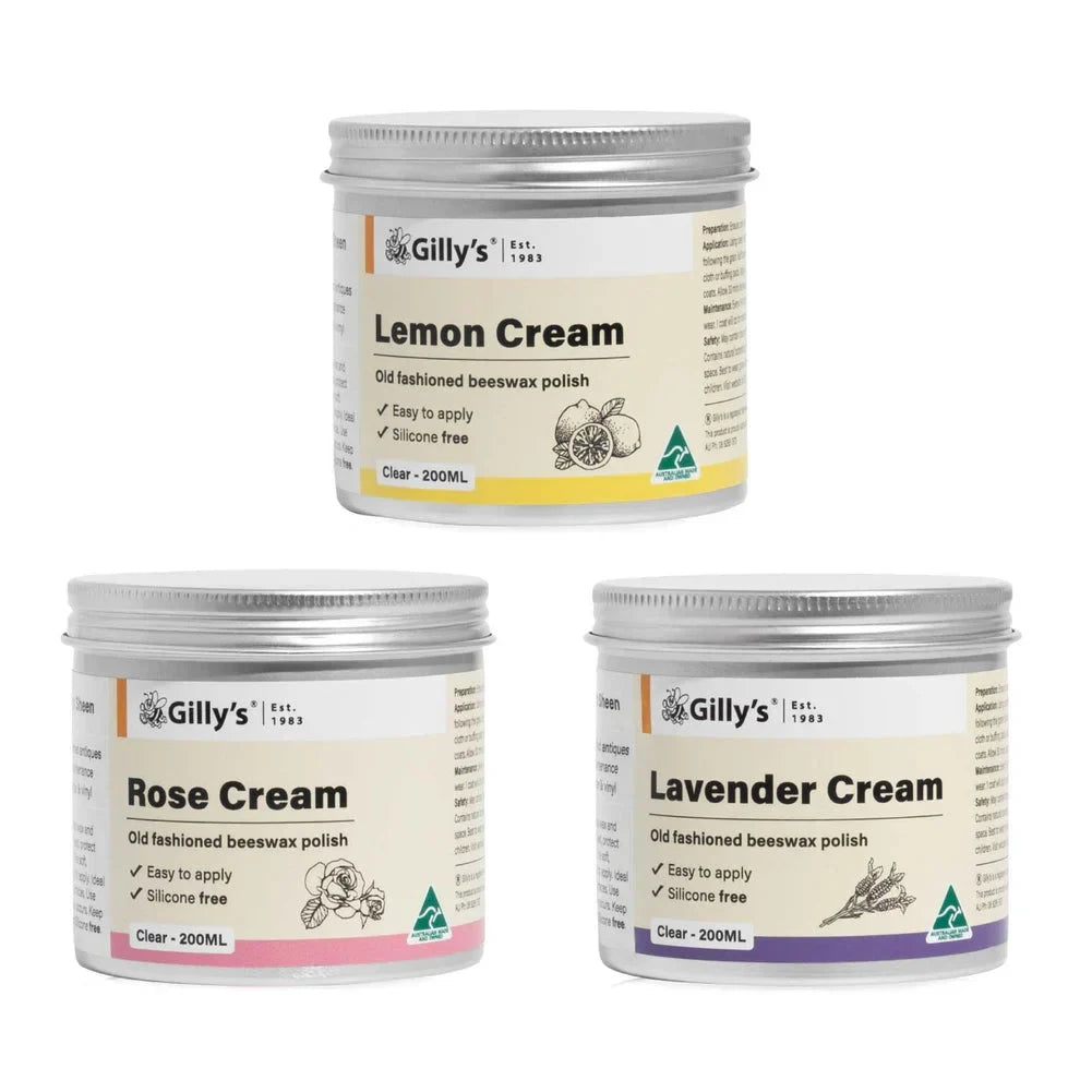 Gilly's beeswax polish jars Lemon Cream, Rose Cream, Lavender Cream 200ml on white background