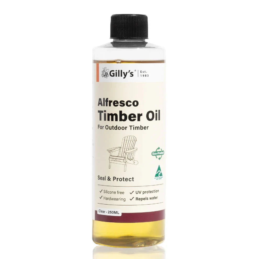Gilly’s Alfresco Timber Oil bottle for outdoor timber, 250ml, with UV protection and water repellent features.