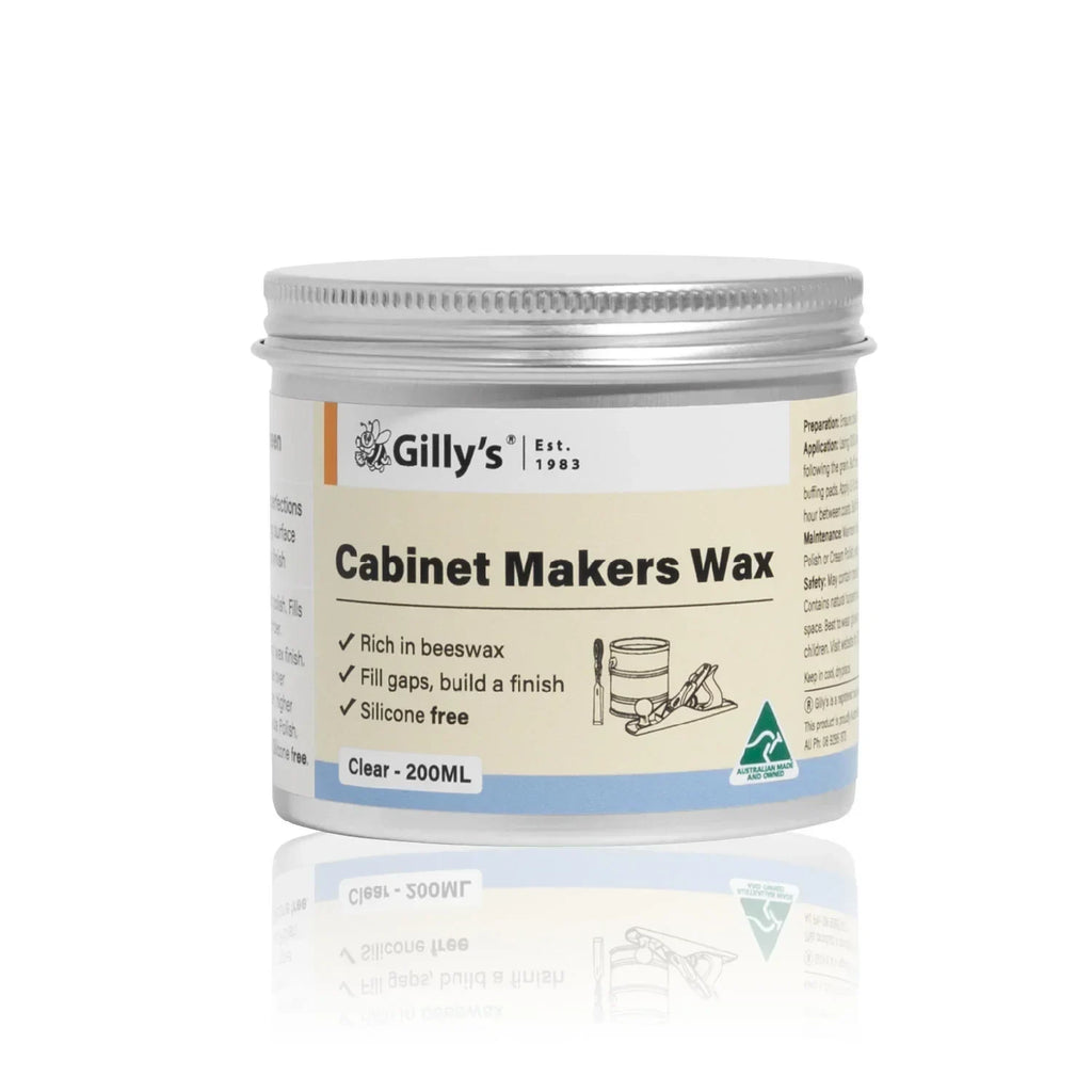 Gilly's Cabinet Makers Wax 200ml clear jar, rich in beeswax, silicone free