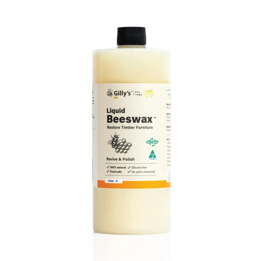 Gilly's Liquid Beeswax 1L bottle for timber furniture polish and wood restoration