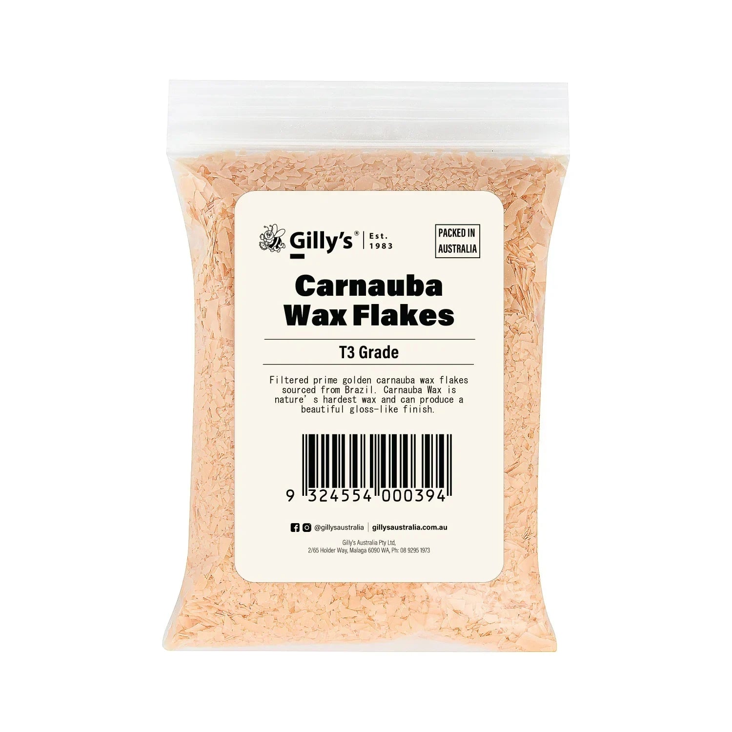 Gilly's Carnauba Wax Flakes T3 Grade in clear resealable bag, product label visible