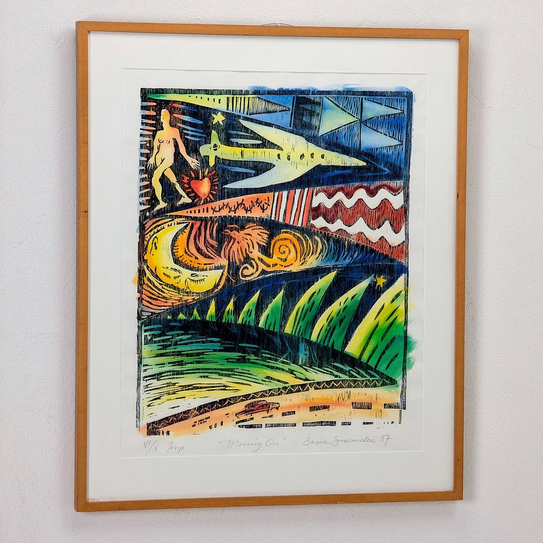 Colorful framed abstract artwork with geometric patterns, a nude figure, heart, moon, and green shapes