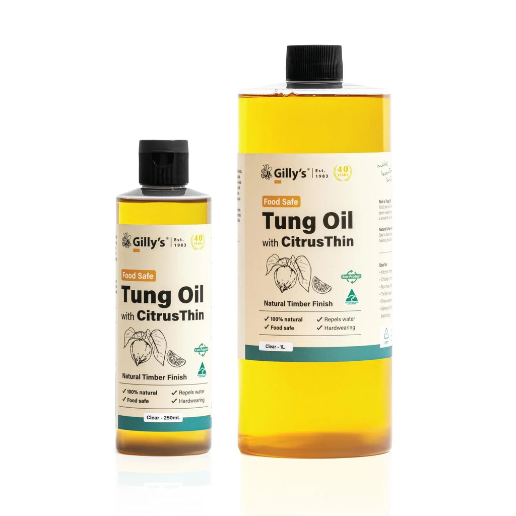 Gilly's Food Safe Tung Oil with CitrusThin bottles for natural timber finish