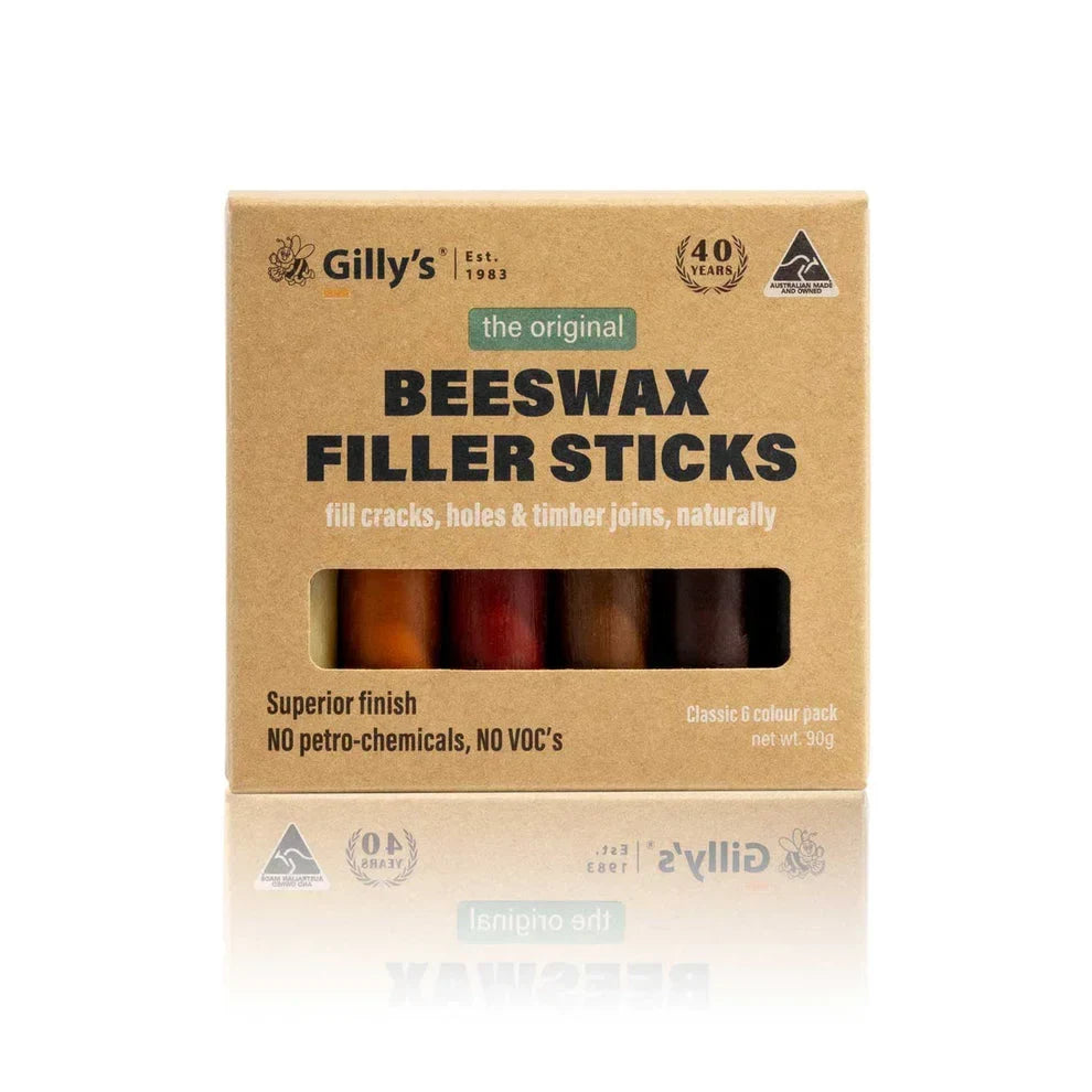 Gilly's Beeswax Filler Sticks box, natural wood repair product, classic 6 colour pack