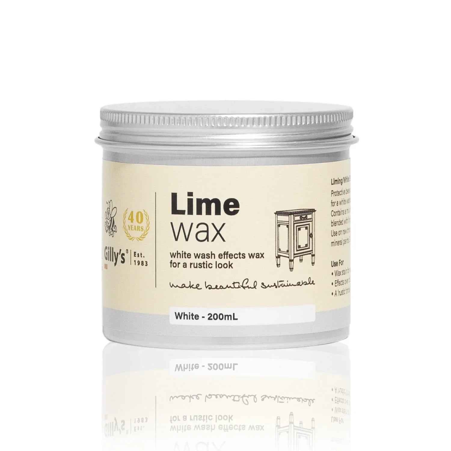 Gilly's Lime Wax white 200mL jar for rustic furniture finish with white wash effect