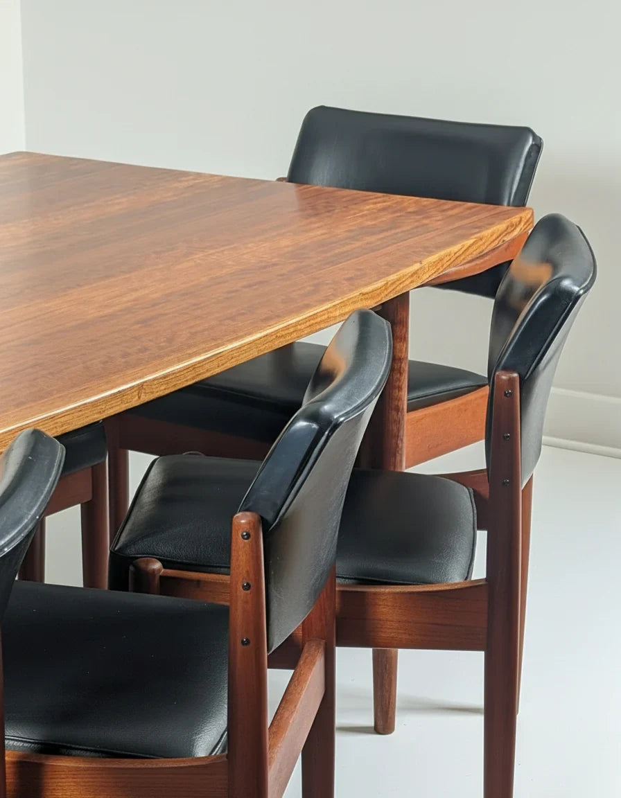 Mid-century modern wooden dining table with black leather cushioned chairs in minimalist room
