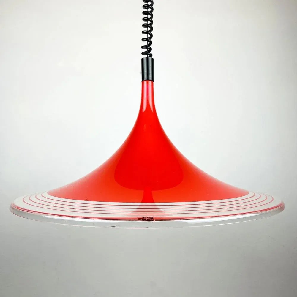 Mid-century modern red and white pendant light with spiral cord, Danish vintage design