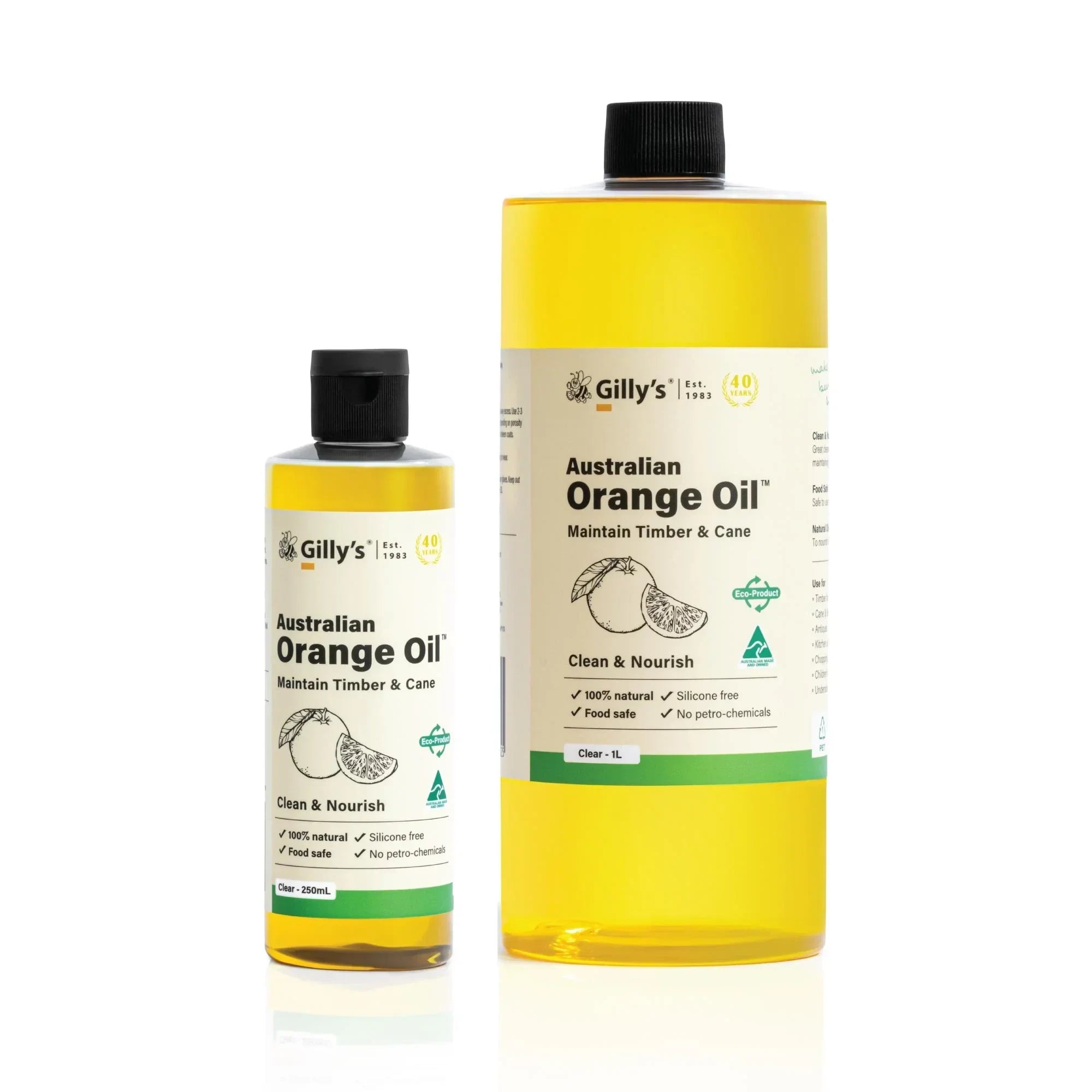 Gilly’s Australian Orange Oil bottles for timber and cane care on white background