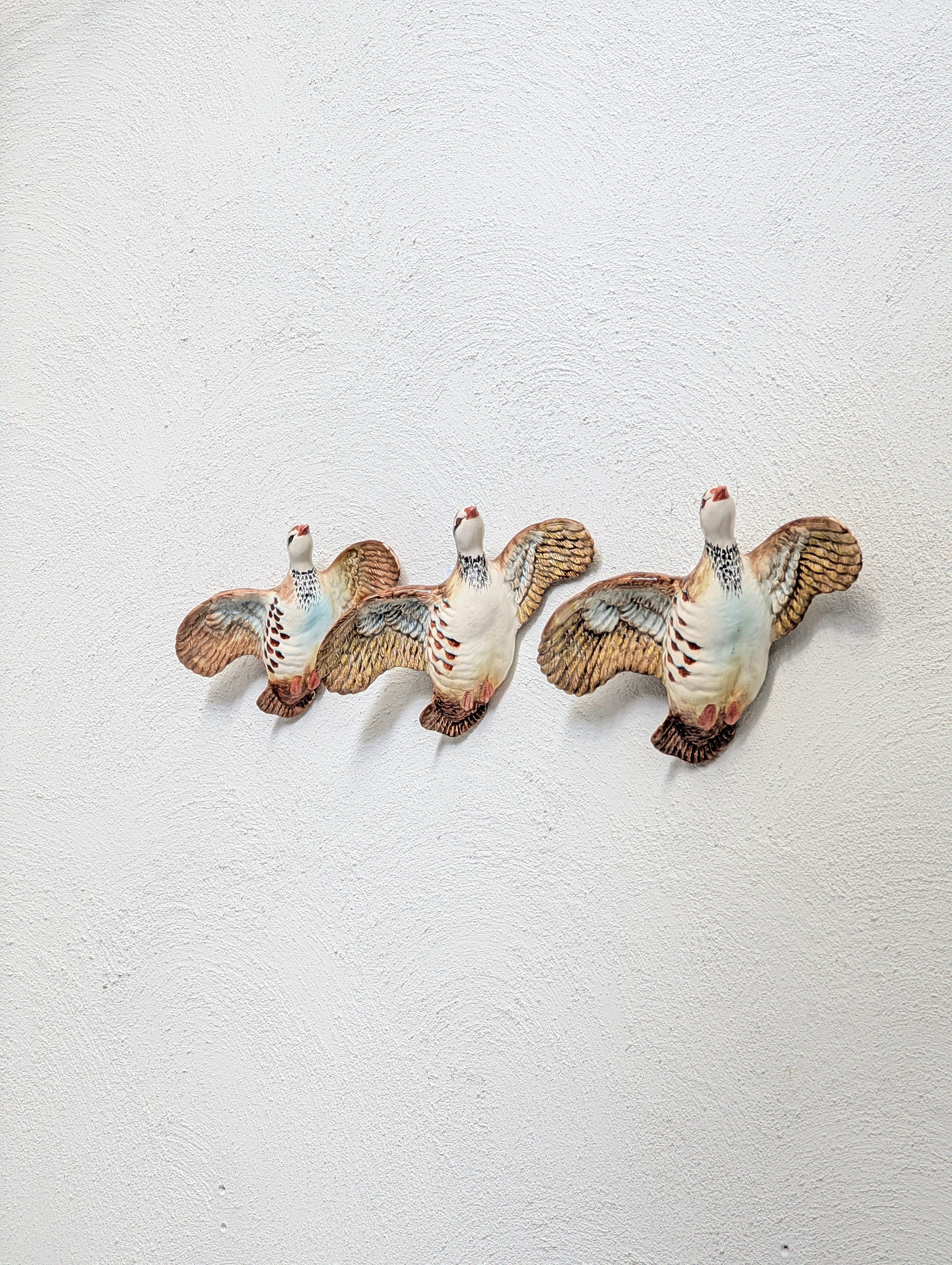 Three decorative brown and white bird sculptures mounted on textured white wall