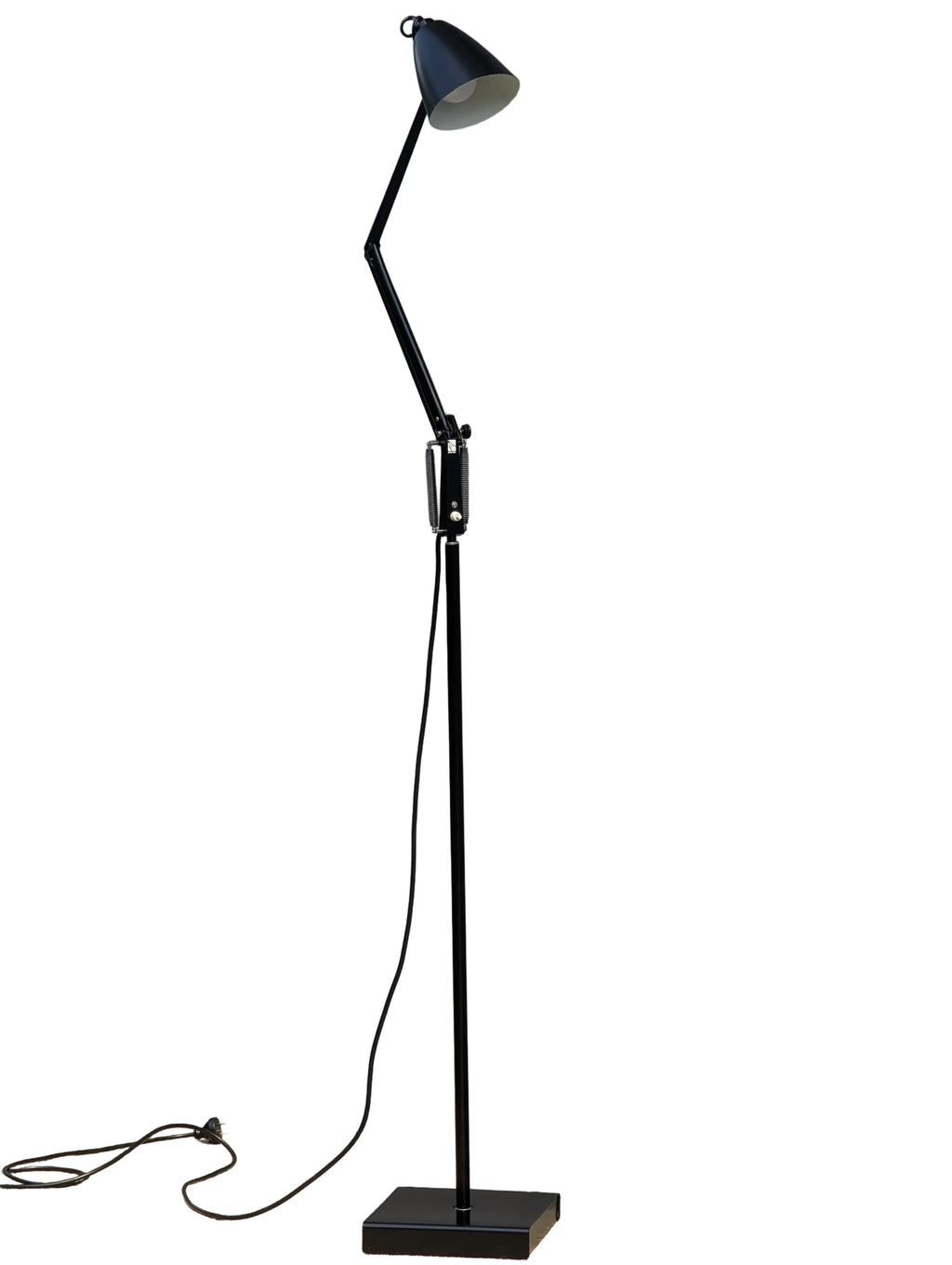 Modern black adjustable floor lamp with tapered shade and square base