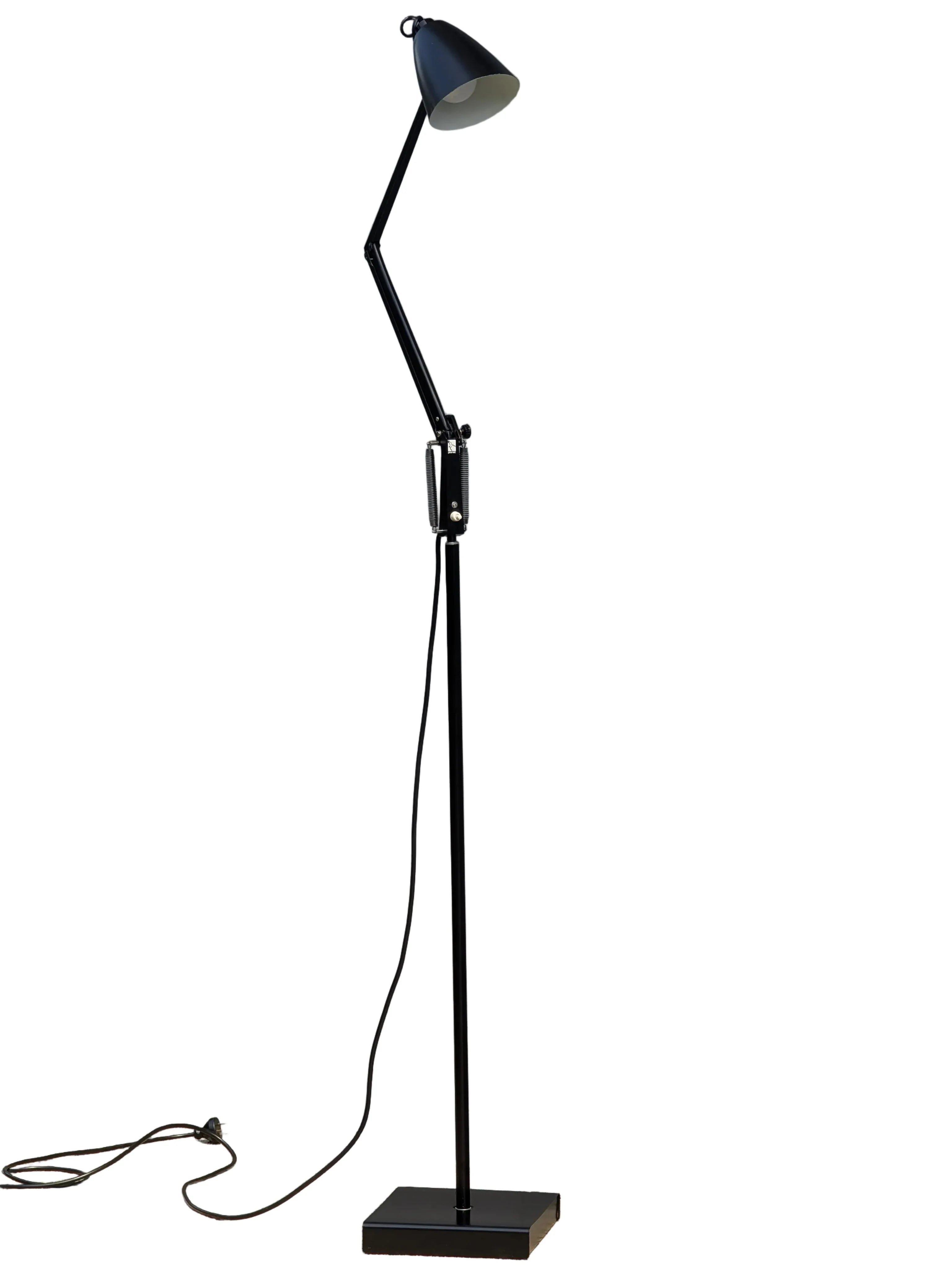 Modern black adjustable floor lamp with tapered shade and square base