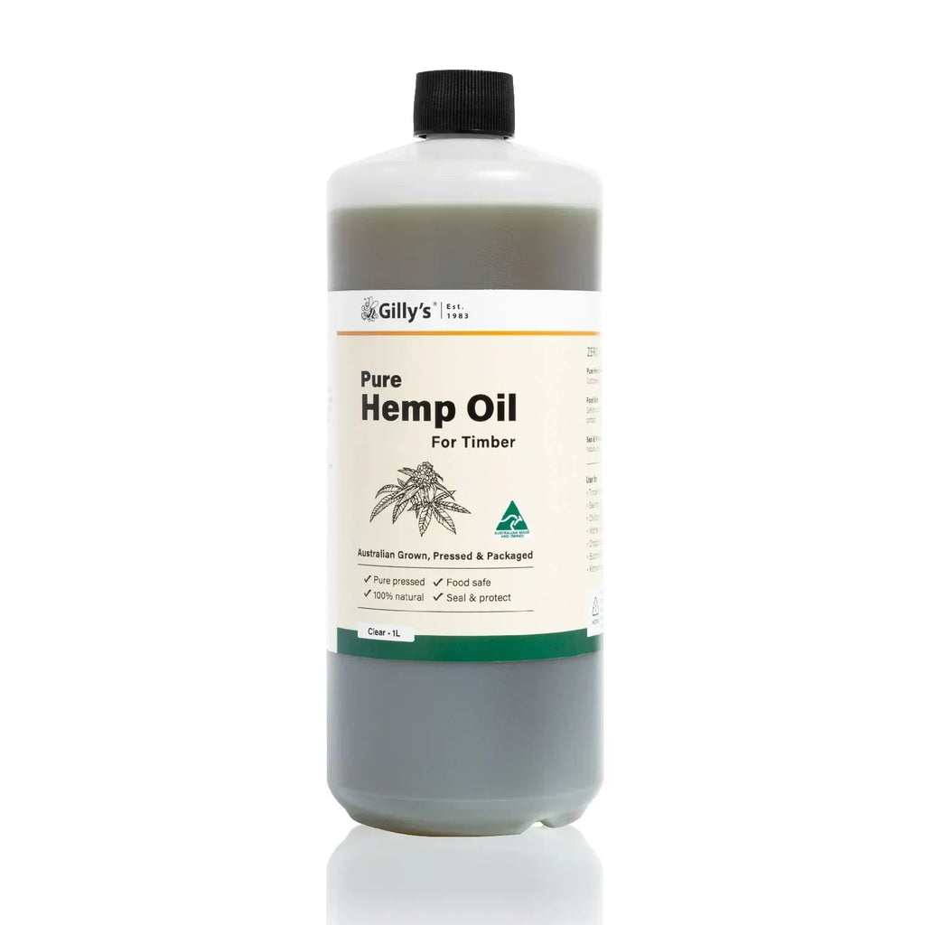 Gilly's Pure Hemp Oil for Timber 1L bottle with black cap, white label, product on white background