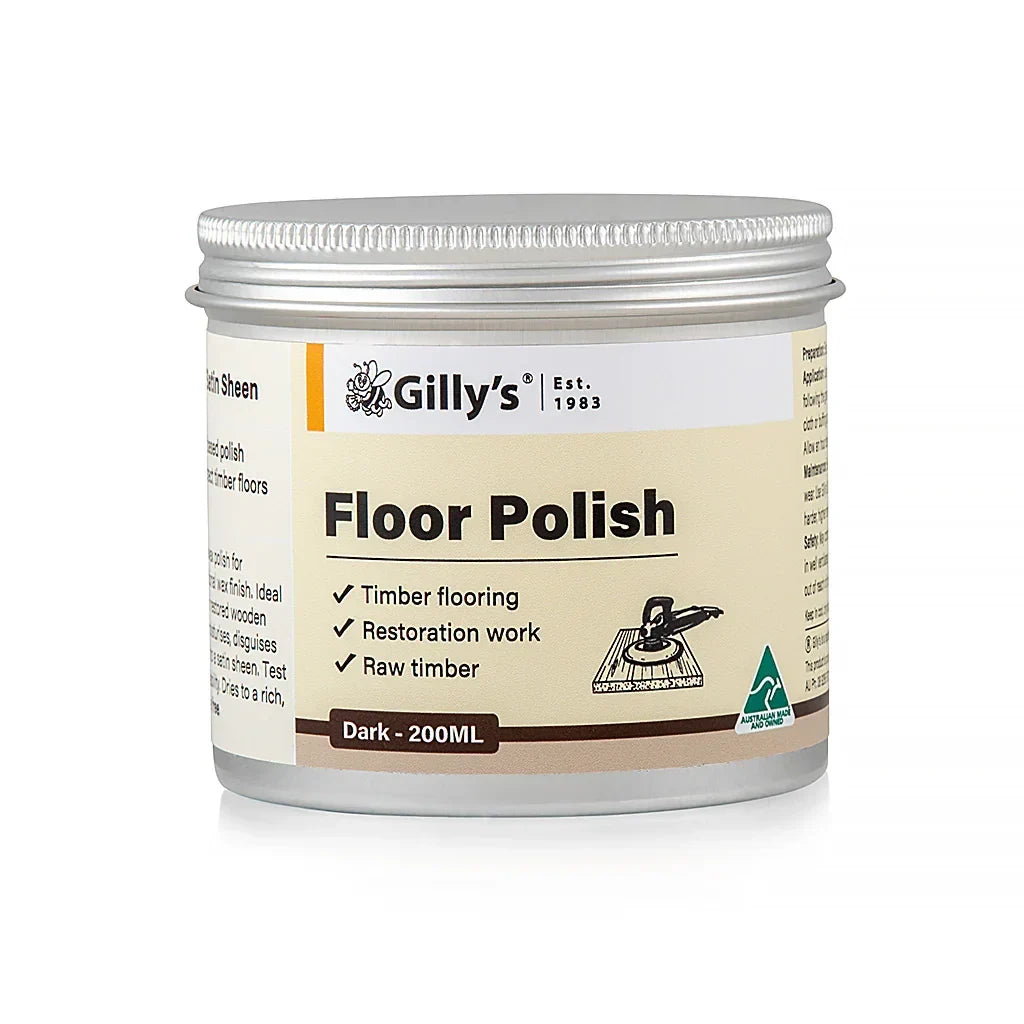 Gilly's Floor Polish tin for timber floors and restoration, 200ml dark variant