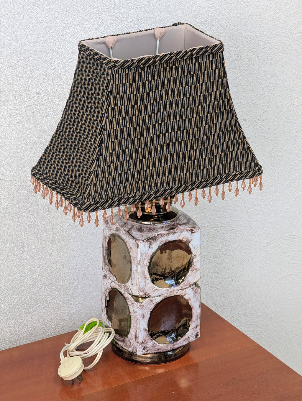 Vintage 1970s Ellis Pottery Ceramic Lamp with Original Beaded Shade