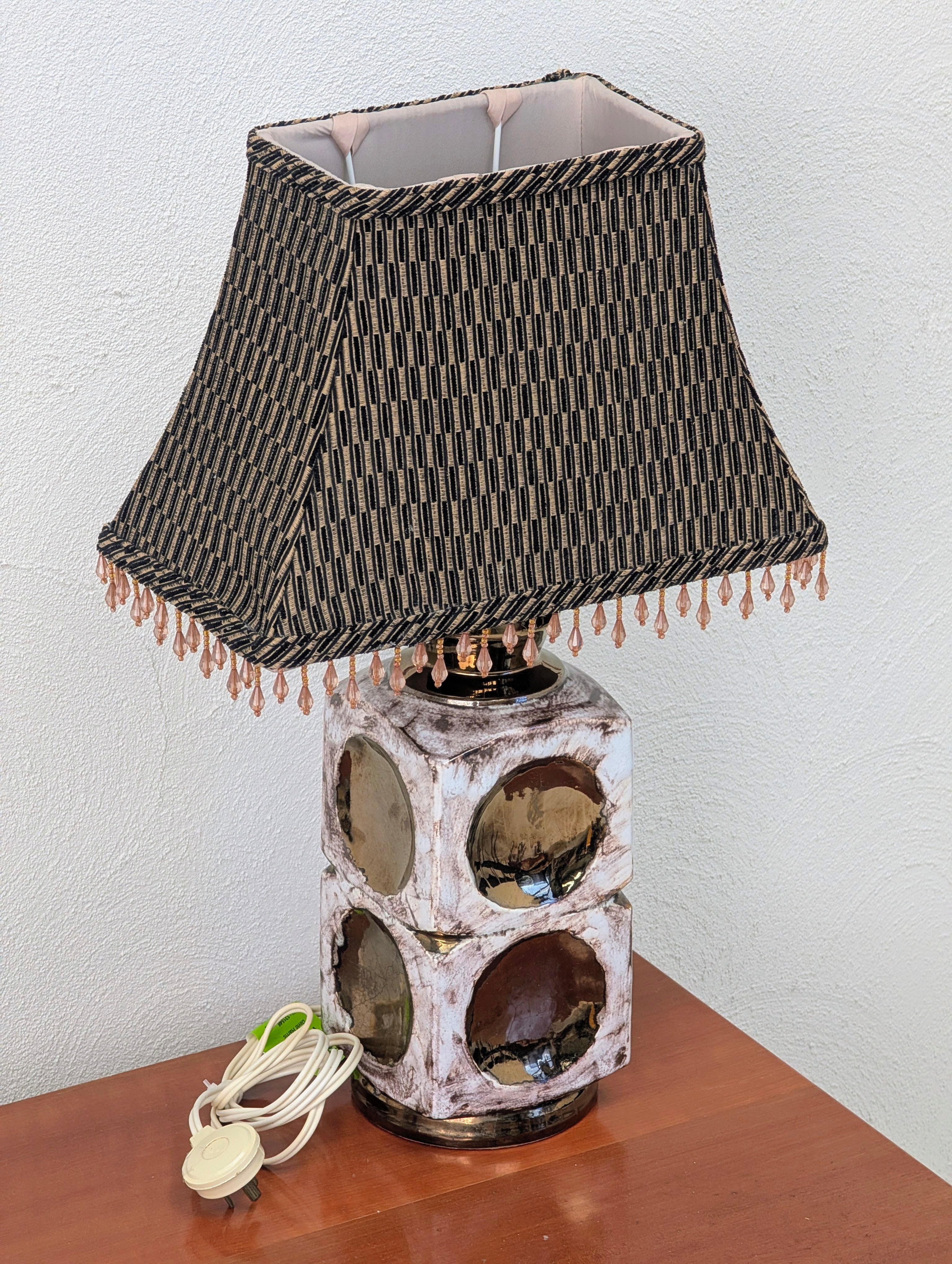 Vintage 1970s Ellis Pottery Ceramic Lamp with Original Beaded Shade