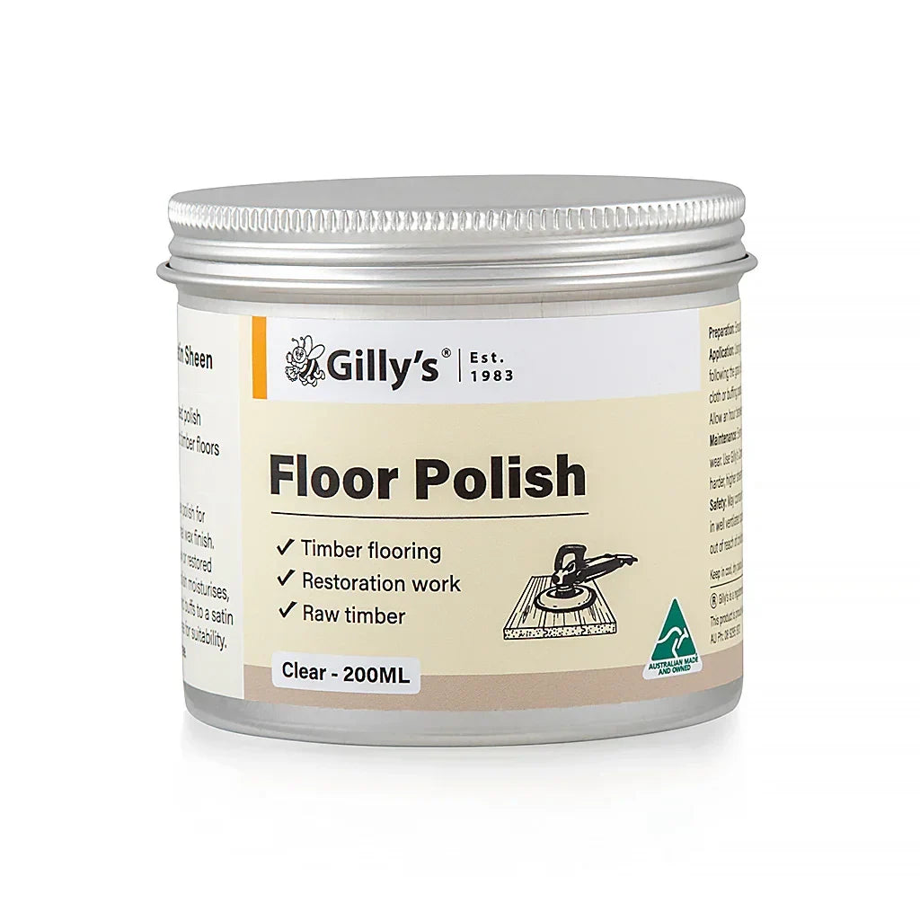Gilly's Floor Polish 200ml tin for timber floor restoration and raw timber care